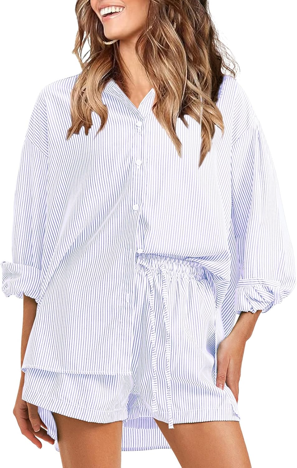 EXLURA Women’s Summer 2 Piece Sets Long Sleeve Button Down Shirts Matching Short Sets Beach Vacation Cruise Outfits 2025 EXLURA Women’s Summer 2 Piece Sets Long Sleeve Button Down Shirts Matching Short Sets Beach Vacation Cruise Outfits 2025