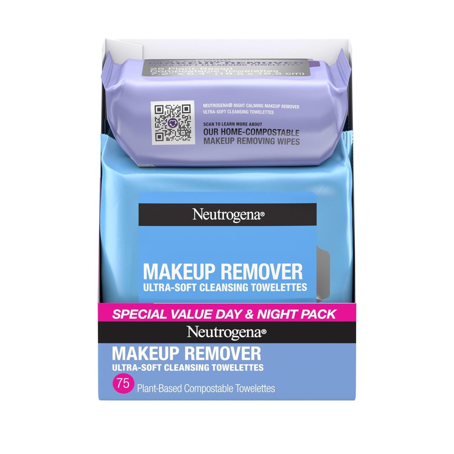 Neutrogena Day & Night Facial Cleansing Wipes, Makeup Remover Face Cleansing Towelettes & Night Calming Facial Cloths, 100% Plant Based Fibers Wipe Away Dirt & Oil, (3 Packs of 25) Neutrogena Day & Night Facial Cleansing Wipes, Makeup Remover Face Cleansing Towelettes & Night Calming Facial Cloths, 100% Plant Based Fibers Wipe Away Dirt & Oil, (3 Packs of 25)