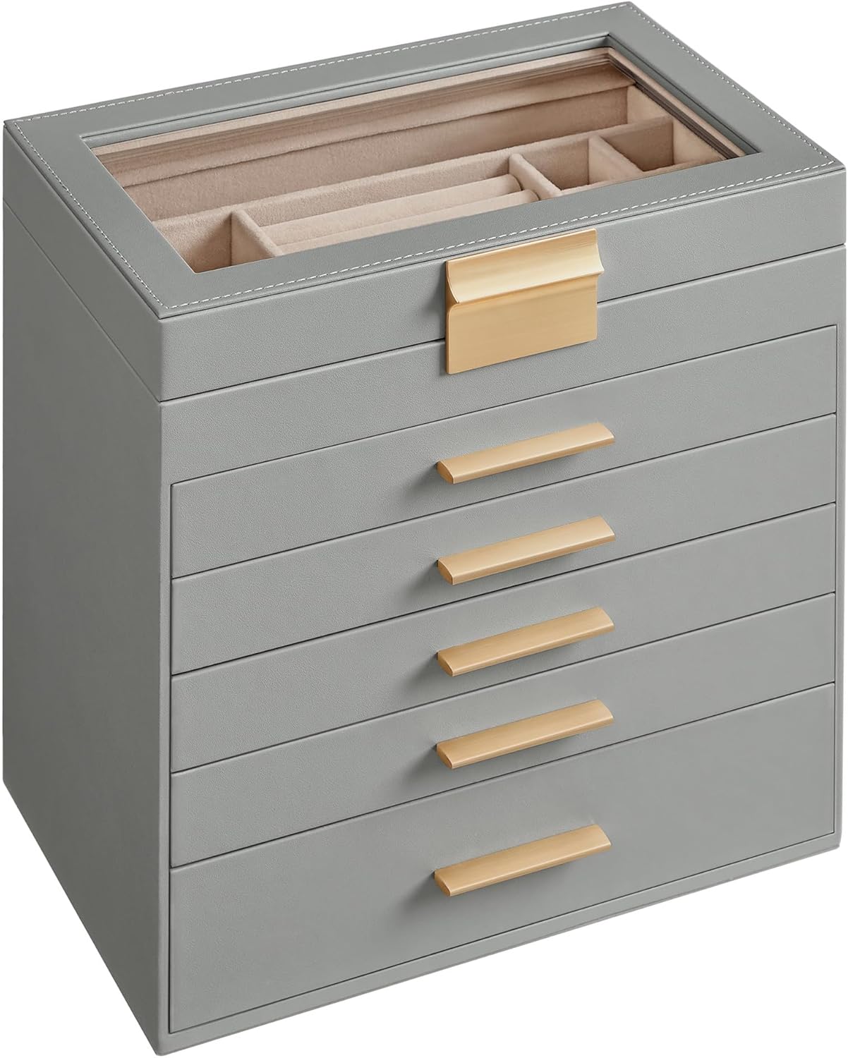 SONGMICS Jewelry Box with Glass Lid, 6-Layer Jewelry Organizer, 5 Drawers, for Sunglasses, Big Jewelry, Jewelry Storage, Modern Style, Dove Gray and Gold Color UJBC171G01 SONGMICS Jewelry Box with Glass Lid, 6-Layer Jewelry Organizer, 5 Drawers, for Sunglasses, Big Jewelry, Jewelry Storage, Modern Style, Dove Gray and Gold Color UJBC171G01