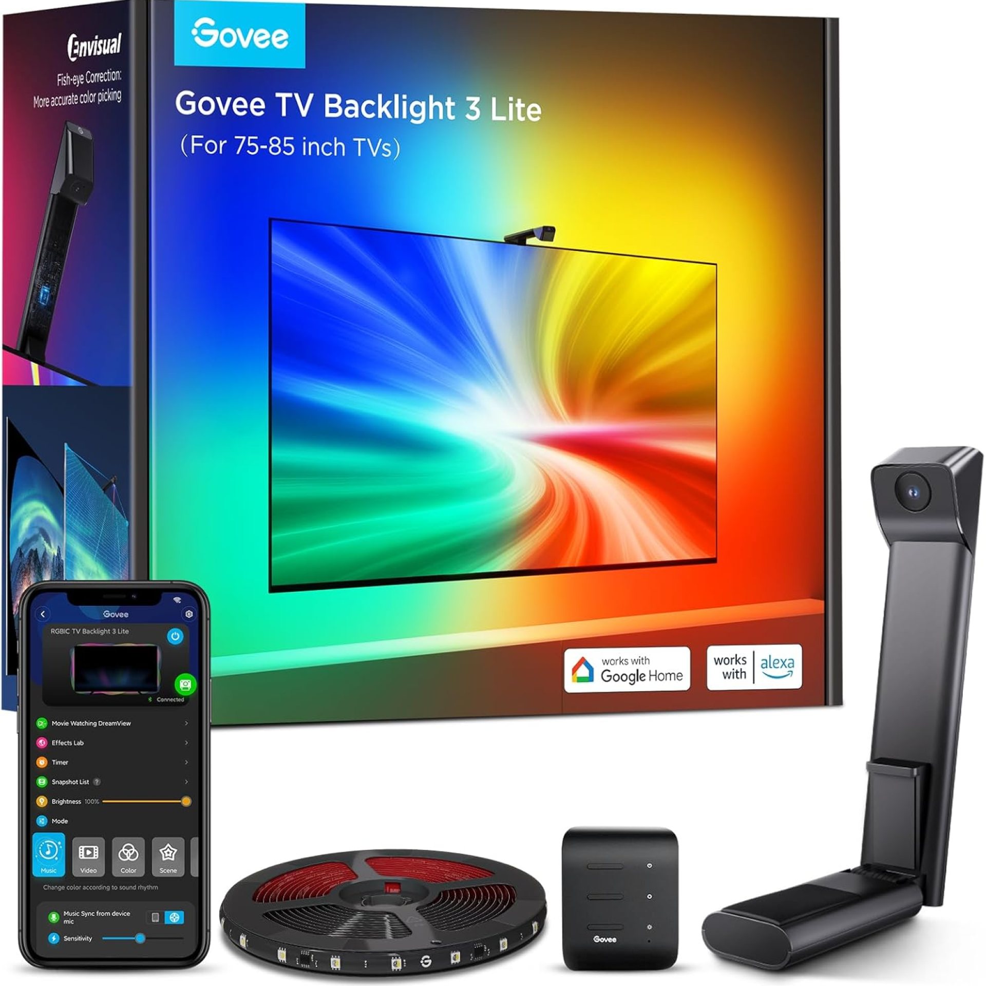 Govee TV Backlight 3 Lite with Fish-Eye Correction Function Sync to 75-85 Inch TVs, 16.4ft RGBICW Wi-Fi LED Strip Lights with Camera, 4 Colors in 1 Lamp Bead, Voice and APP Control, Adapter Govee TV Backlight 3 Lite with Fish-Eye Correction Function Sync to 75-85 Inch TVs, 16.4ft RGBICW Wi-Fi LED Strip Lights with Camera, 4 Colors in 1 Lamp Bead, Voice and APP Control, Adapter