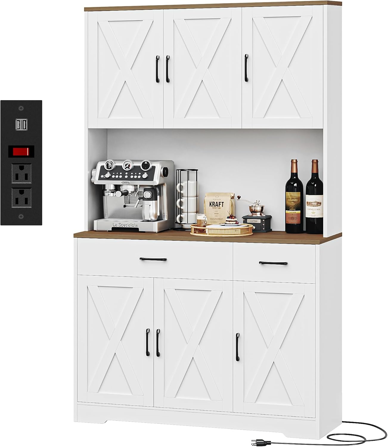 HOSTACK 71″ Pantry Cabinet with Charging Station, Tall Kitchen Pantry Storage Cabinet with Microwave Stand, Farmhouse Kitchen Hutch with Storage Drawers for Living Room, Dining Room, White HOSTACK 71″ Pantry Cabinet with Charging Station, Tall Kitchen Pantry Storage Cabinet with Microwave Stand, Farmhouse Kitchen Hutch with Storage Drawers for Living Room, Dining Room, White
