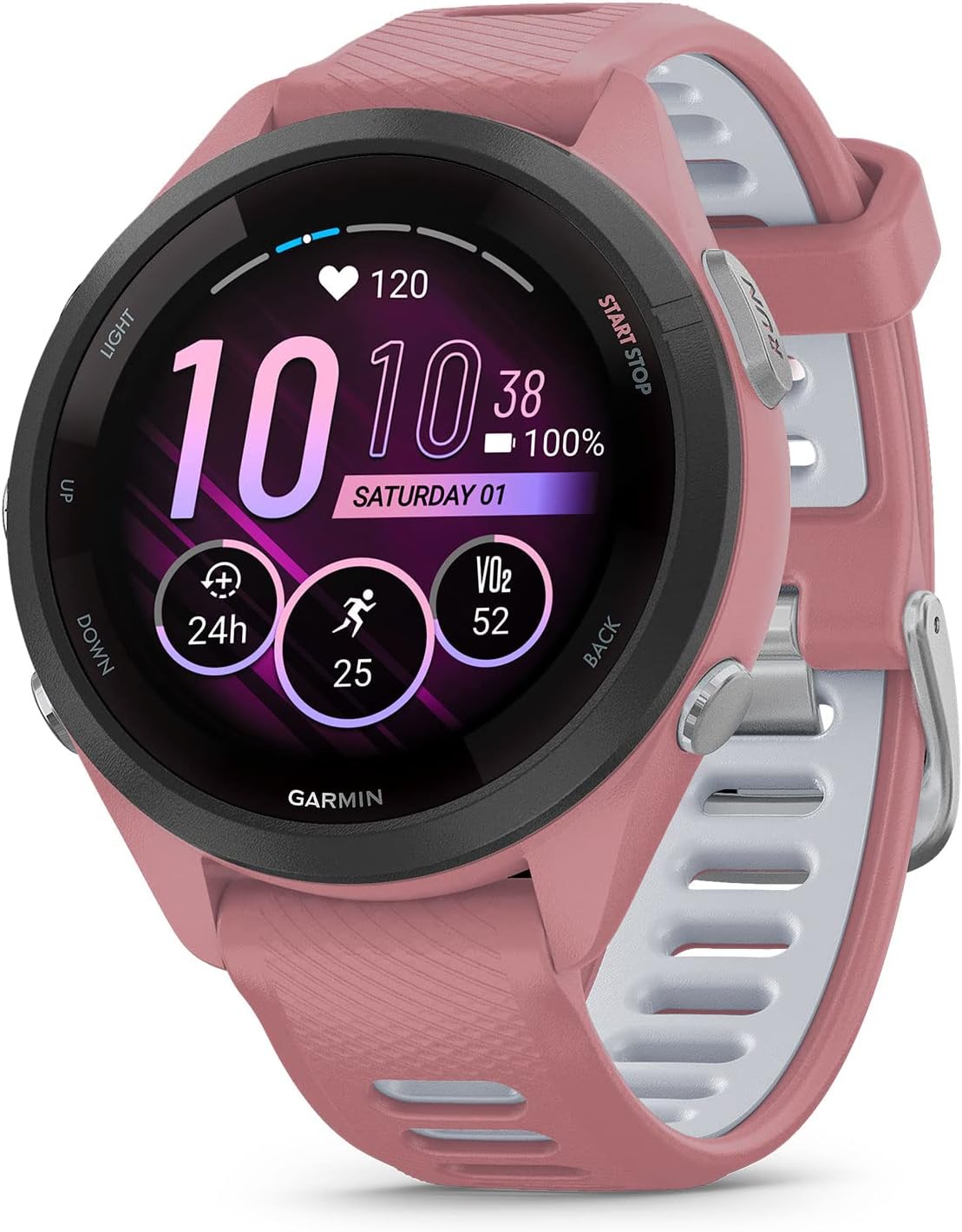 Garmin Forerunner 265S Running Smartwatch, Colorful AMOLED Display, Training Metrics and Recovery Insights, Light Pink and Powder Gray Garmin Forerunner 265S Running Smartwatch, Colorful AMOLED Display, Training Metrics and Recovery Insights, Light Pink and Powder Gray