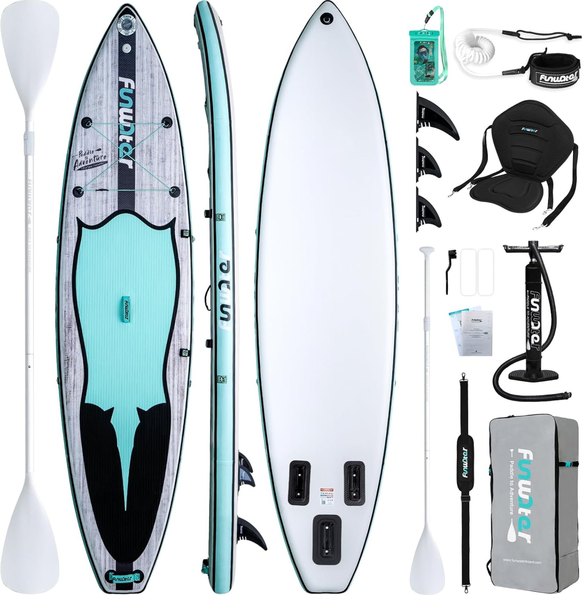 FunWater SUP Inflatable Stand Up Paddle Board Ultra-Light Inflatable Paddleboard with SUP Accessories, Fins, Adjustable Paddle, Pump, Backpack, Leash, Waterproof Phone Bag FunWater SUP Inflatable Stand Up Paddle Board Ultra-Light Inflatable Paddleboard with SUP Accessories, Fins, Adjustable Paddle, Pump, Backpack, Leash, Waterproof Phone Bag