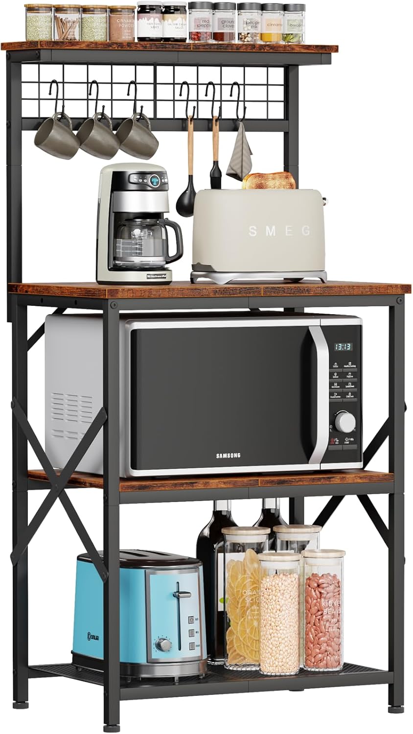 Furologee Kitchen Bakers Rack with Hutch, Coffee Bar Station 4 Tiers, Microwave Oven Stand with 6 S Hooks and Pegboard, Kitchen Microwave Rack for Spice Organizer Workstation, Rustic Brown Furologee Kitchen Bakers Rack with Hutch, Coffee Bar Station 4 Tiers, Microwave Oven Stand with 6 S Hooks and Pegboard, Kitchen Microwave Rack for Spice Organizer Workstation, Rustic Brown