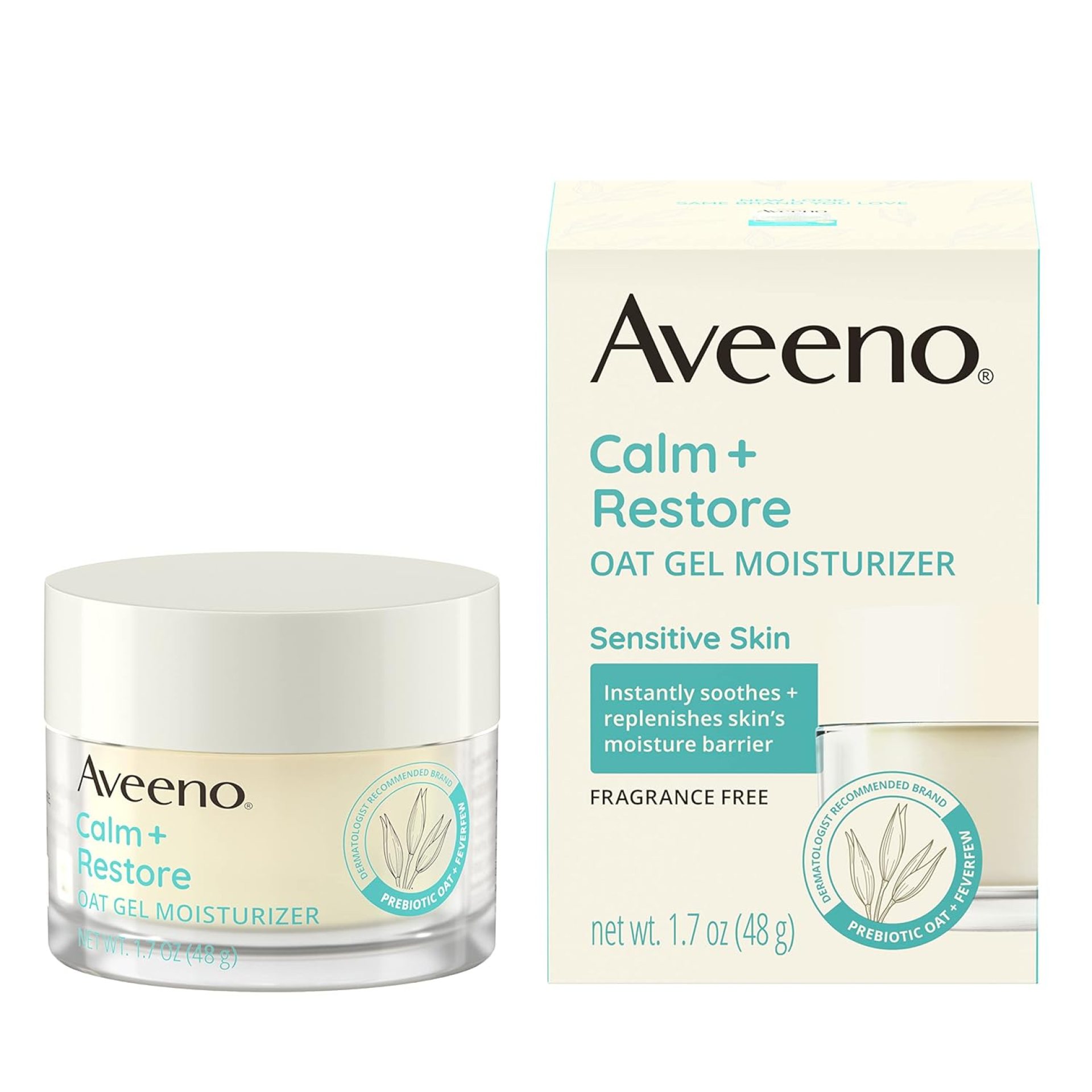 Aveeno Calm + Restore Oat Gel Facial Moisturizer for Sensitive Skin, Fast-Absorbing, Soothing Lightweight Gel Cream with Prebiotic Oat & Feverfew, Fragrance-Free & Hypoallergenic, 1.7 oz Aveeno Calm + Restore Oat Gel Facial Moisturizer for Sensitive Skin, Fast-Absorbing, Soothing Lightweight Gel Cream with Prebiotic Oat & Feverfew, Fragrance-Free & Hypoallergenic, 1.7 oz