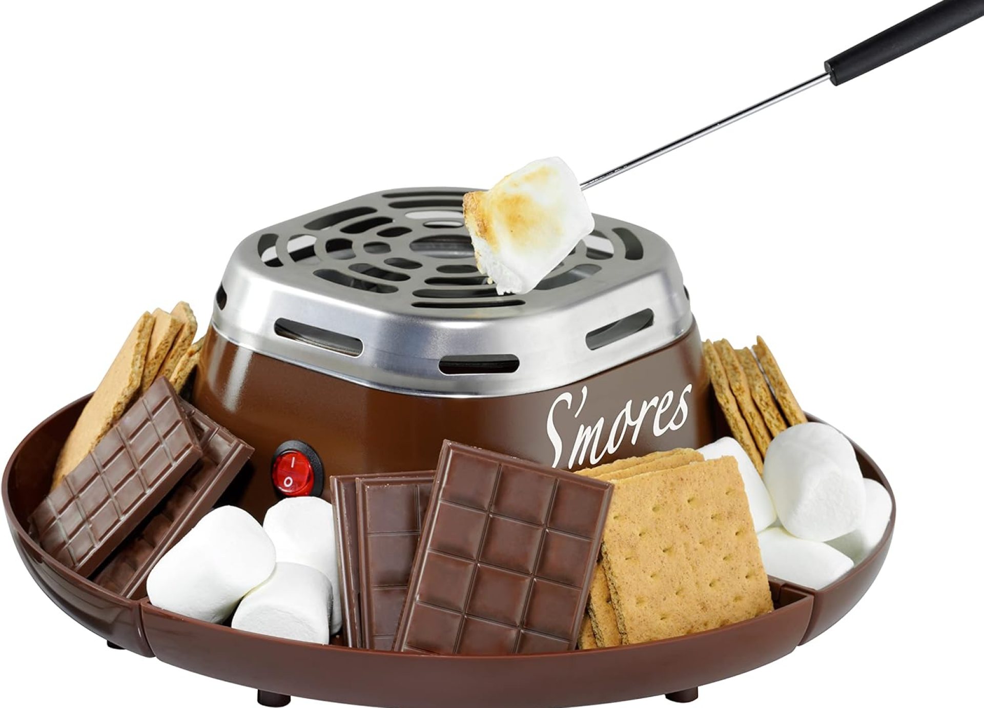 Nostalgia Tabletop Indoor Electric S’mores Maker – Smores Kit With Marshmallow Roasting Sticks and 4 Trays for Graham Crackers, Chocolate, and Marshmallows – Movie Night Supplies – Brown Nostalgia Tabletop Indoor Electric S’mores Maker – Smores Kit With Marshmallow Roasting Sticks and 4 Trays for Graham Crackers, Chocolate, and Marshmallows – Movie Night Supplies – Brown