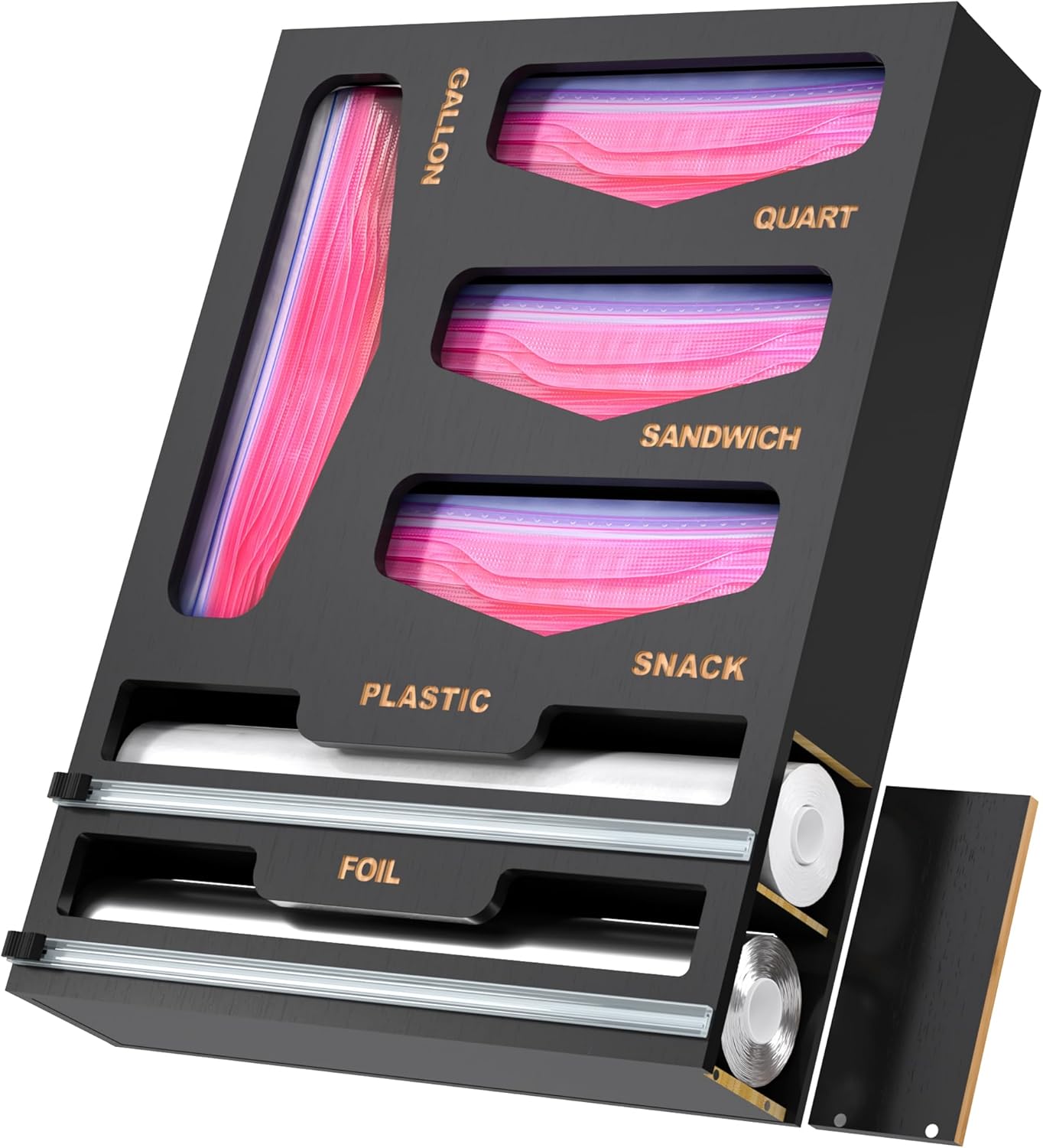 6 in 1 Bag Organizer and Wrap Dispenser with Magnetic Lid – Plastic Wrap Dispenser with Cutter for Kitchen Drawer, Storage for Gallon, Quart, Sandwich, Snack Bags, and Foil Black 6 in 1 Bag Organizer and Wrap Dispenser with Magnetic Lid – Plastic Wrap Dispenser with Cutter for Kitchen Drawer, Storage for Gallon, Quart, Sandwich, Snack Bags, and Foil Black