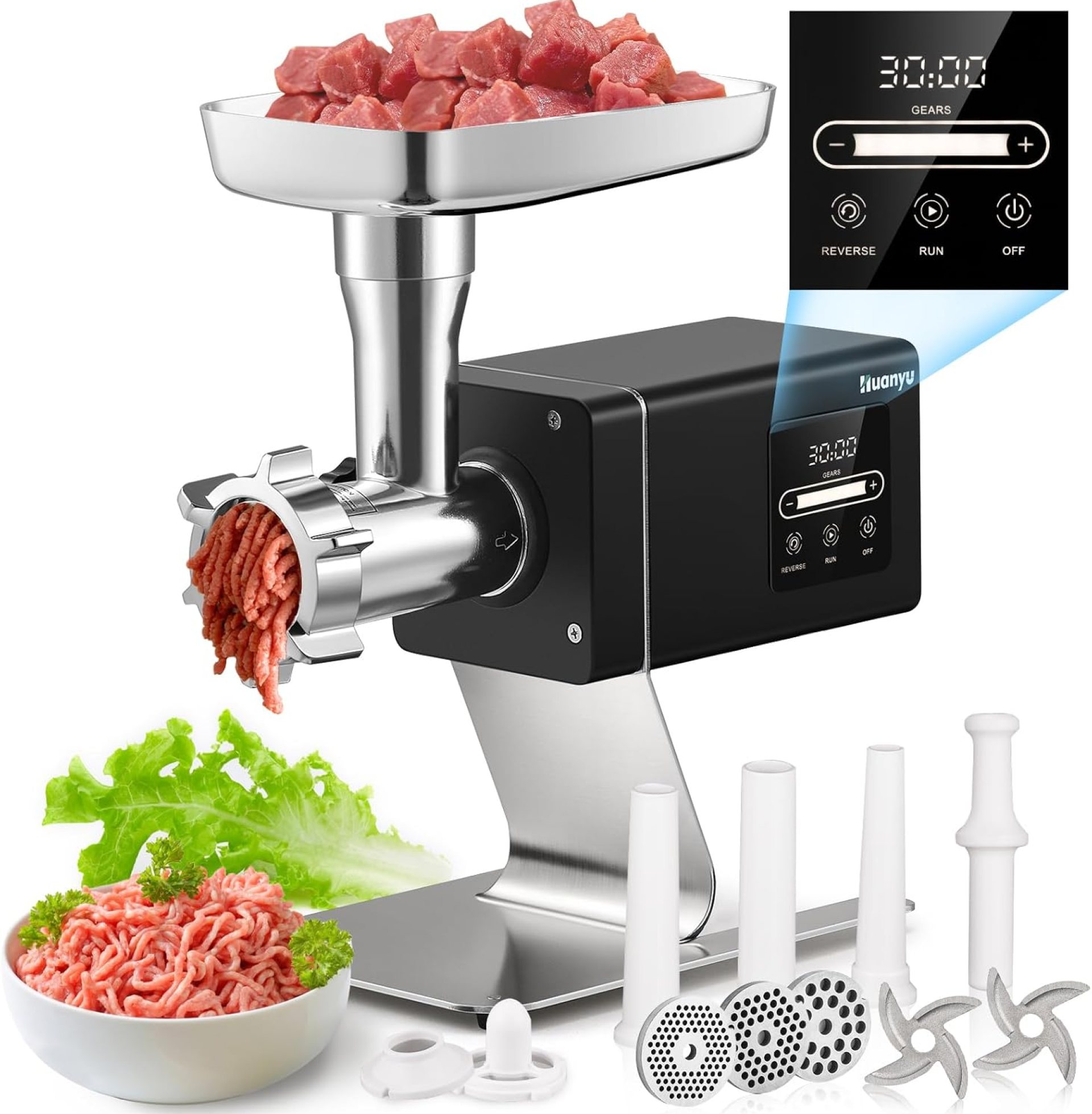Huanyu Commercial Meat Grinder #12 Heavy Duty Variable RPM Stainless Steel With Touchscreen Electric Meat Grinder for Commercial and Regular Use 1.3HP Huanyu Commercial Meat Grinder #12 Heavy Duty Variable RPM Stainless Steel With Touchscreen Electric Meat Grinder for Commercial and Regular Use 1.3HP