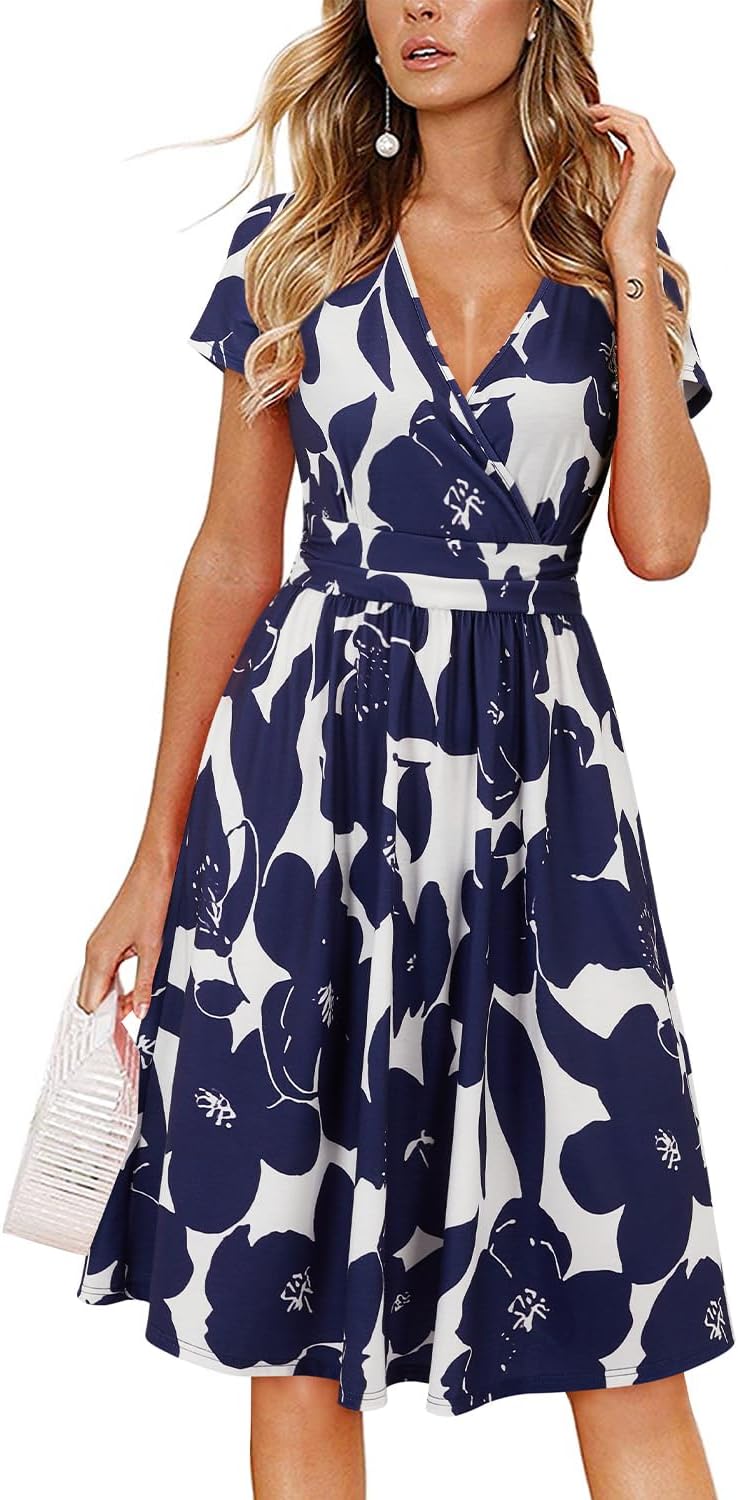 OUGES Women’s Summer Short Sleeve V-Neck Floral Short Party Dress with Pockets OUGES Women’s Summer Short Sleeve V-Neck Floral Short Party Dress with Pockets