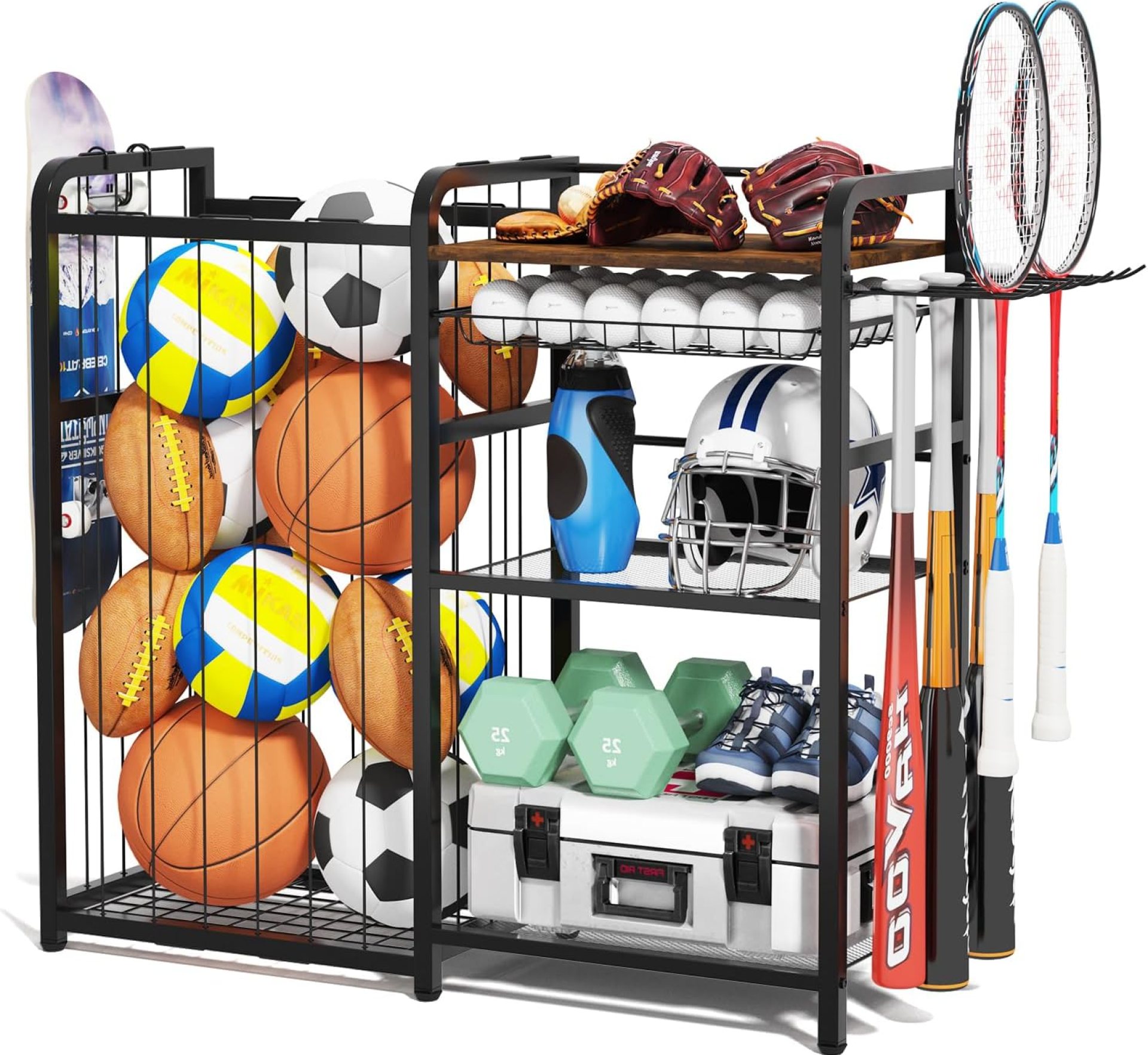 Garage Sports Equipment Organizer, Ball Storage for Gear and Toys, Large Capacity, Sports Organizer for Garage with Hooks and Baskets, for golf, Football, Soccer Ball, Bat Garage Sports Equipment Organizer, Ball Storage for Gear and Toys, Large Capacity, Sports Organizer for Garage with Hooks and Baskets, for golf, Football, Soccer Ball, Bat