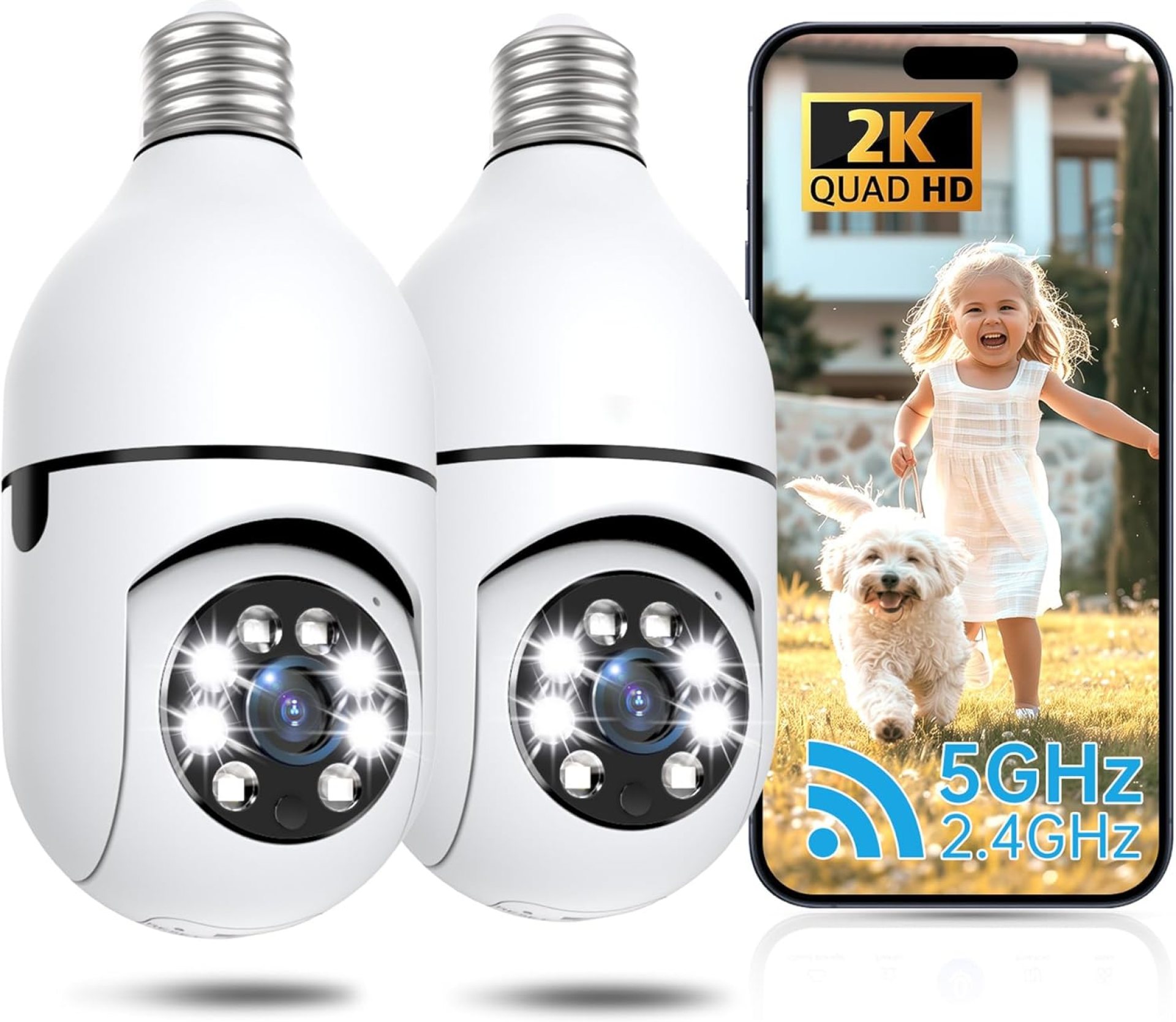 Light Bulb Security Camera 2 Packs, 5G&2.4GHz 2K Security Cameras Wireless Outdoor 360° PTZ Cameras for Home Security with Color Night Vision, 2 Way Talk, AI Human Detection, Screw in Light Socket Light Bulb Security Camera 2 Packs, 5G&2.4GHz 2K Security Cameras Wireless Outdoor 360° PTZ Cameras for Home Security with Color Night Vision, 2 Way Talk, AI Human Detection, Screw in Light Socket