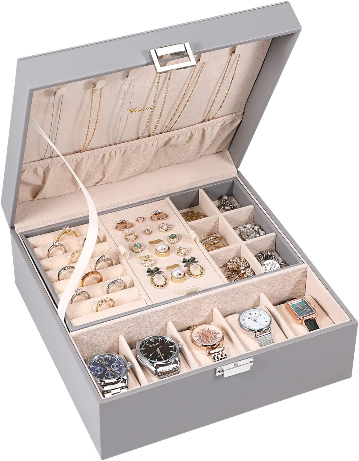 Voova Jewelry Box Organizer for Women Men, 2 Layer Large Watch Storage Case, PU Leather Jewelry Display Holder with Removable Tray for Watches Sunglasses Rings Earrings Necklace,Grey Voova Jewelry Box Organizer for Women Men, 2 Layer Large Watch Storage Case, PU Leather Jewelry Display Holder with Removable Tray for Watches Sunglasses Rings Earrings Necklace,Grey