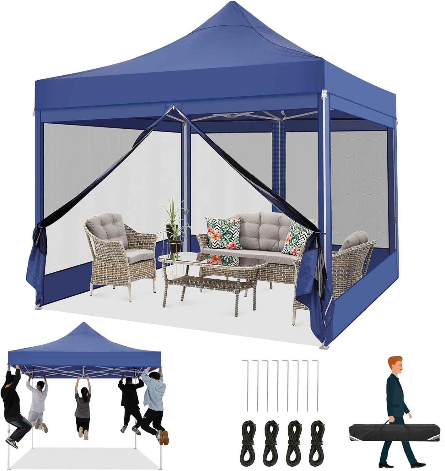 COBIZI 10×10 Heavy Duty Pop Up Canopy Tent with 4 Sidewalls, Commercial Gazebo Party Tent with Mosquito Netting Wall Easy Set Up Outdoor Instant Screen Tent for Backyard, Patio, Garden, Dark Blue COBIZI 10×10 Heavy Duty Pop Up Canopy Tent with 4 Sidewalls, Commercial Gazebo Party Tent with Mosquito Netting Wall Easy Set Up Outdoor Instant Screen Tent for Backyard, Patio, Garden, Dark Blue