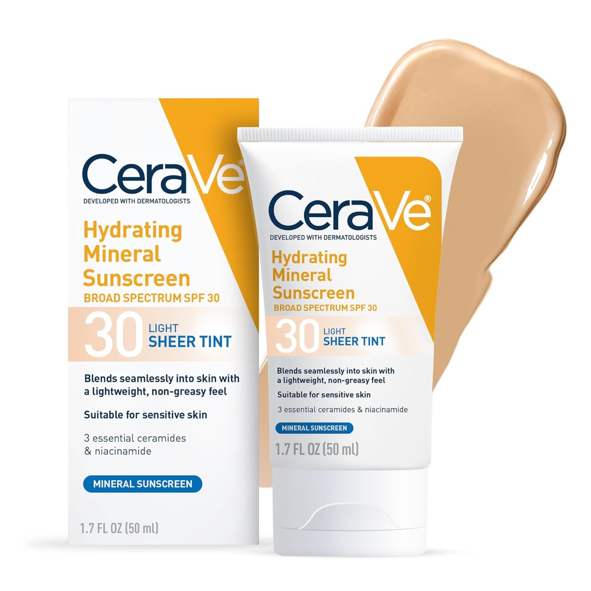 CeraVe Hydrating Mineral Sunscreen SPF 30 with Sheer Tint, Tinted Mineral Sunscreen with Zinc Oxide & Titanium Dioxide, Blends Seamlessly For Healthy Glow, Light, 1.7 Oz CeraVe Hydrating Mineral Sunscreen SPF 30 with Sheer Tint, Tinted Mineral Sunscreen with Zinc Oxide & Titanium Dioxide, Blends Seamlessly For Healthy Glow, Light, 1.7 Oz