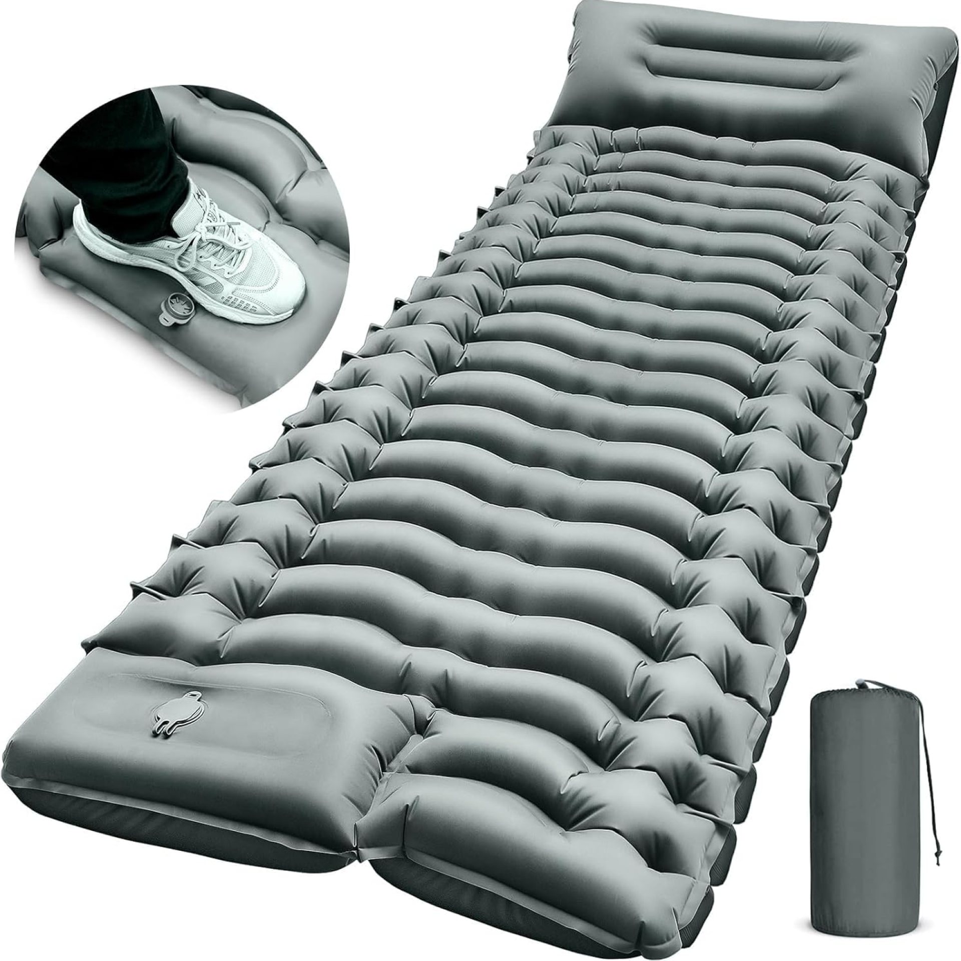 Camping Sleeping Pad, Ultralight Camp Pad with Pillow, Built-in Foot Pump, Inflatable Sleeping Pad, Compact Size for Camping, Backpacking, Hiking and Traveling – Gray Camping Sleeping Pad, Ultralight Camp Pad with Pillow, Built-in Foot Pump, Inflatable Sleeping Pad, Compact Size for Camping, Backpacking, Hiking and Traveling – Gray