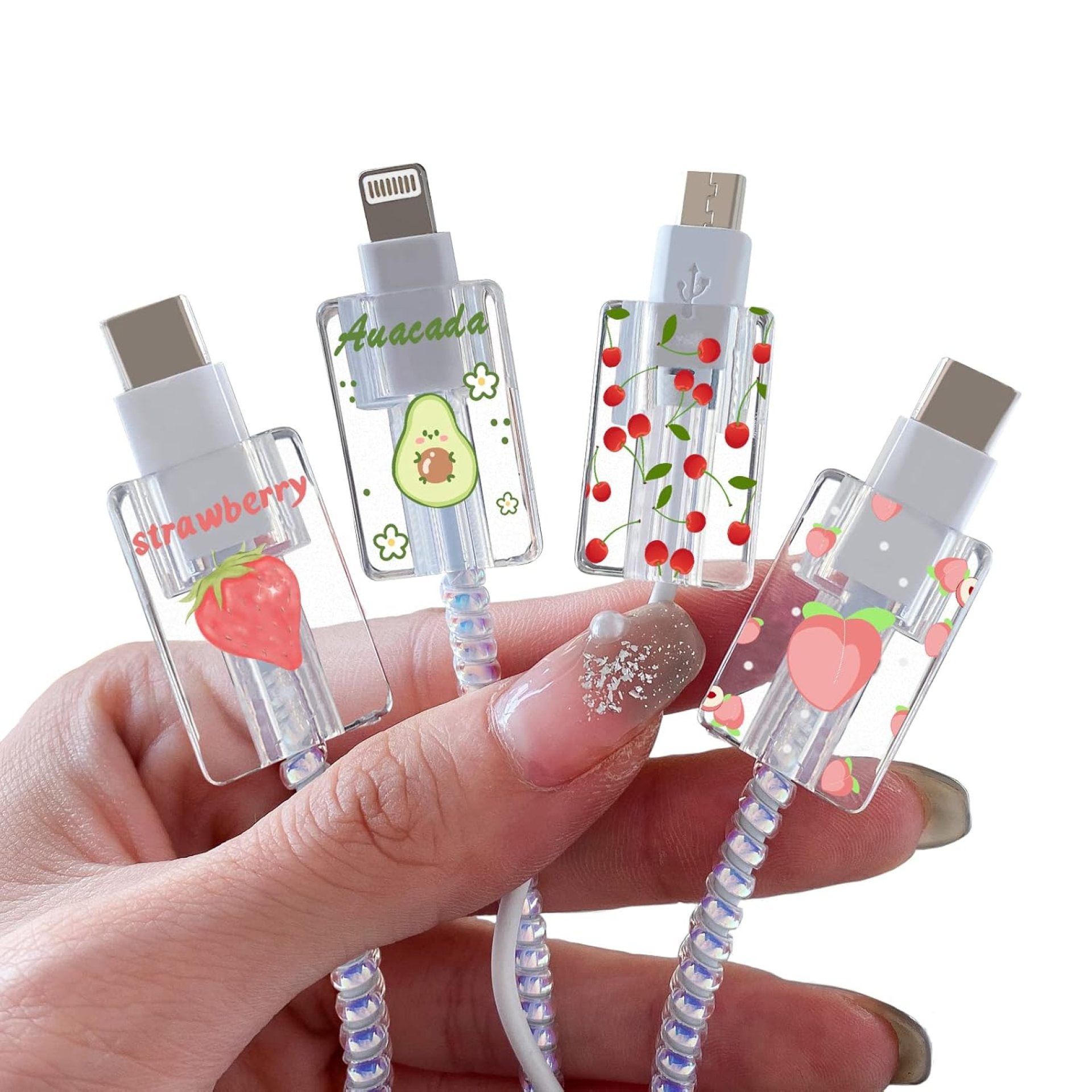 Cute Fruit Cable Protector for iPhone Charger,Kawaii Avocado Pink Strawberry Cherry Peach Pattern 4pcs Set Phone Cable Protector,Charging Cord Protector,USB Charger Saver (Lightning Cable) Cute Fruit Cable Protector for iPhone Charger,Kawaii Avocado Pink Strawberry Cherry Peach Pattern 4pcs Set Phone Cable Protector,Charging Cord Protector,USB Charger Saver (Lightning Cable)