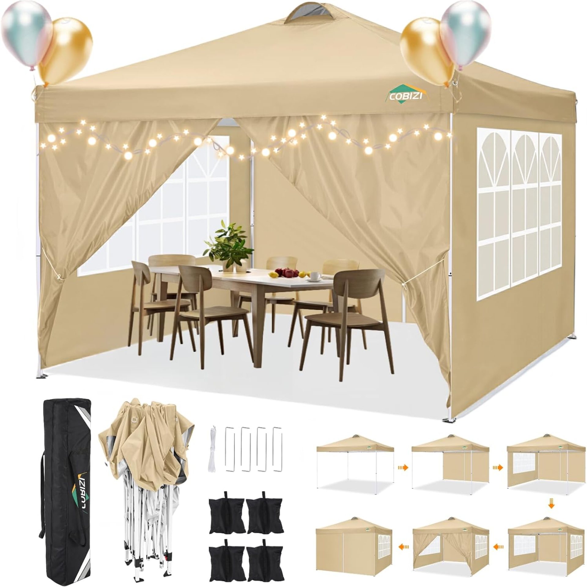 COBlZI 10×10 Pop Up Canopy Tent with 4 Removable Sidewalls,Waterproof Commercial Easy Adjustable Gazebo Tent with Air Vent, 4 Sandbags,4 Stakes & 8 Ropes(Tents for Party/Exhibition,Khaki COBlZI 10×10 Pop Up Canopy Tent with 4 Removable Sidewalls,Waterproof Commercial Easy Adjustable Gazebo Tent with Air Vent, 4 Sandbags,4 Stakes & 8 Ropes(Tents for Party/Exhibition,Khaki