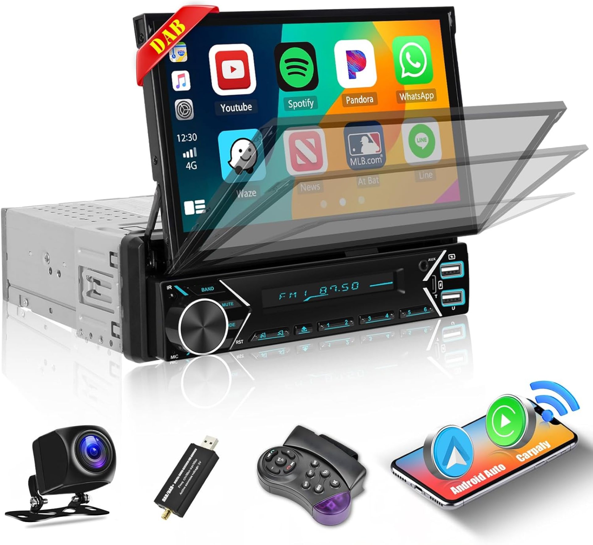 Single Din Flip Out Car Radio Stereo with 7 Inch Motorized Touchscreen with Wireless Carplay Android Auto, Car Audio with DAB+ FM Bluetooth EQ SWC USB/Type-C Port, Remote Control Backup Camera Single Din Flip Out Car Radio Stereo with 7 Inch Motorized Touchscreen with Wireless Carplay Android Auto, Car Audio with DAB+ FM Bluetooth EQ SWC USB/Type-C Port, Remote Control Backup Camera