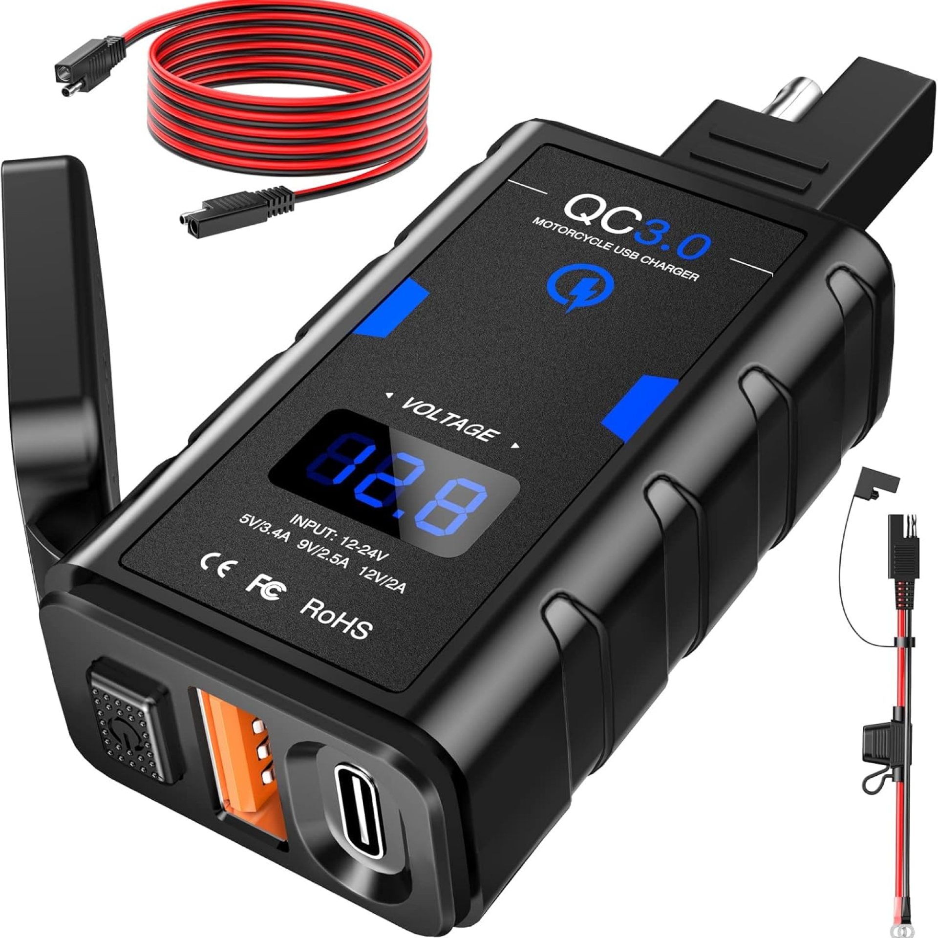 EXTRACTME Motorcycle USB Charger, Upgraded 6.4A Quick Charge 3.0 & Type C PD Dual Phone Charger with Voltmeter, Waterproof Motorcycle Accessories for Phone, Tablet, GPS, etc EXTRACTME Motorcycle USB Charger, Upgraded 6.4A Quick Charge 3.0 & Type C PD Dual Phone Charger with Voltmeter, Waterproof Motorcycle Accessories for Phone, Tablet, GPS, etc