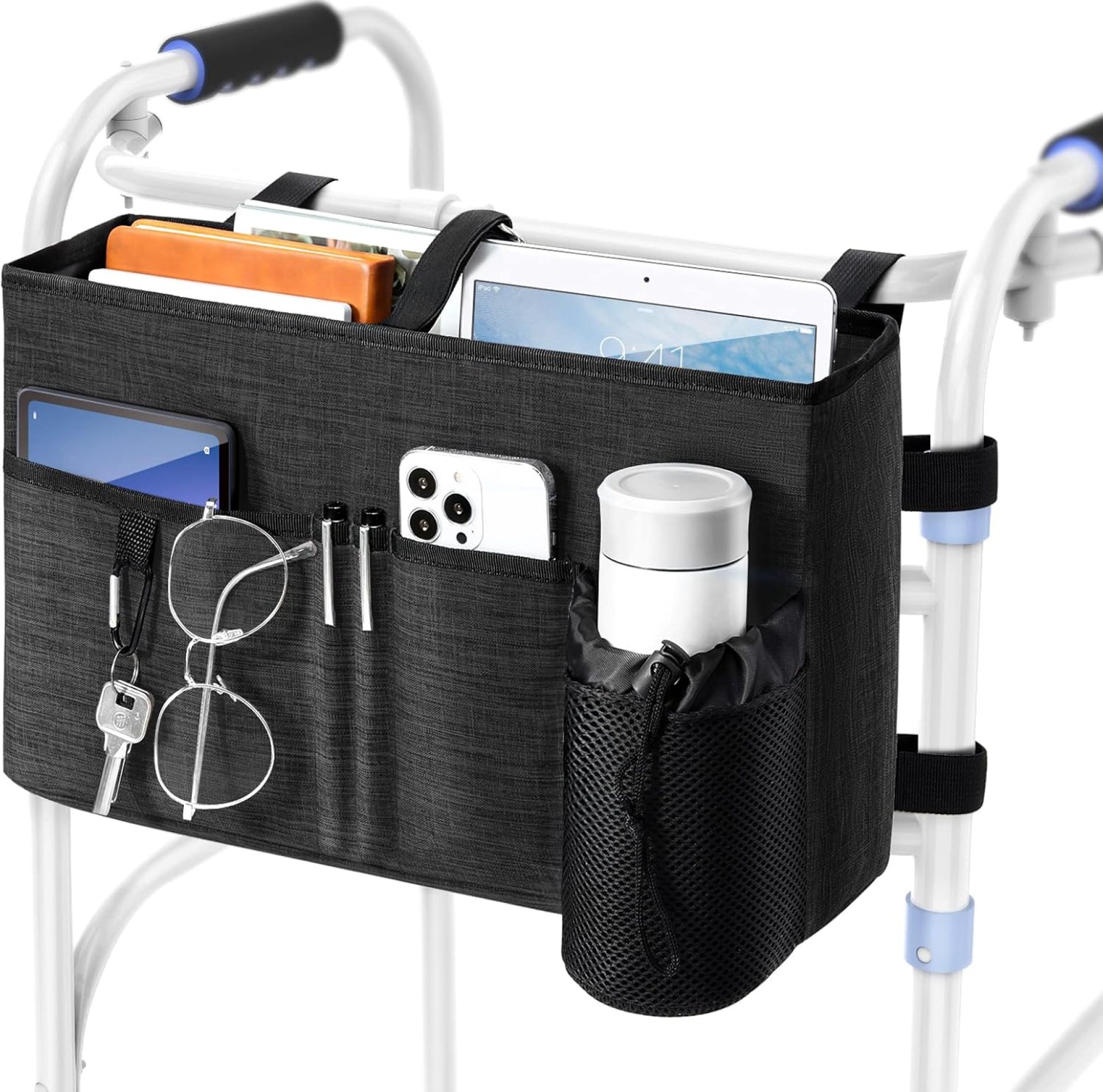 Rhino Valley Walker Bag, Multi Pockets Folding Walker Basket Tote Bag with Cup Holder, Hand-Free Carry Pouch Storage Bag for Universal Walkers, Large Capacity Organizer for Seniors Elderly, Black Rhino Valley Walker Bag, Multi Pockets Folding Walker Basket Tote Bag with Cup Holder, Hand-Free Carry Pouch Storage Bag for Universal Walkers, Large Capacity Organizer for Seniors Elderly, Black