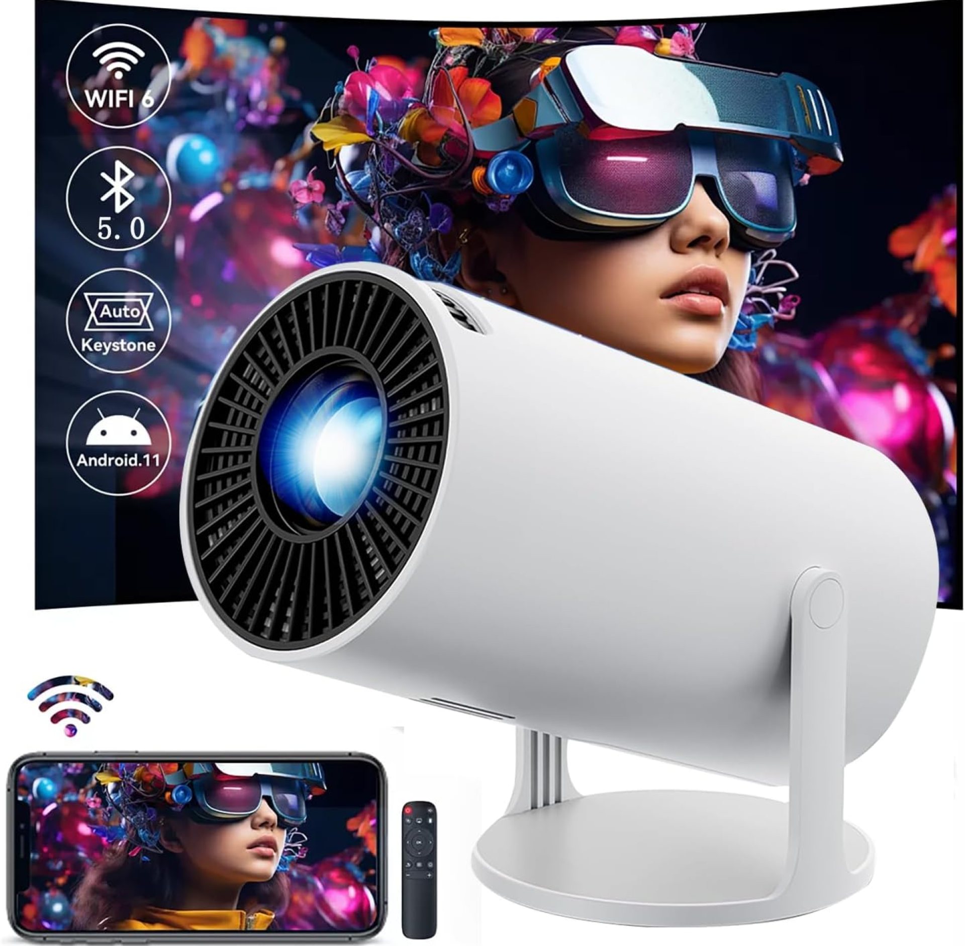 HY300 Projector with WIFI6 and Bluetooth, 4K 1080P Support with Android TV 11.0, Mini Portable Projector 180° Rotatable Movie Projector ,Auto Keystone Compatible for Laptop, PC, Smartphone HY300 Projector with WIFI6 and Bluetooth, 4K 1080P Support with Android TV 11.0, Mini Portable Projector 180° Rotatable Movie Projector ,Auto Keystone Compatible for Laptop, PC, Smartphone