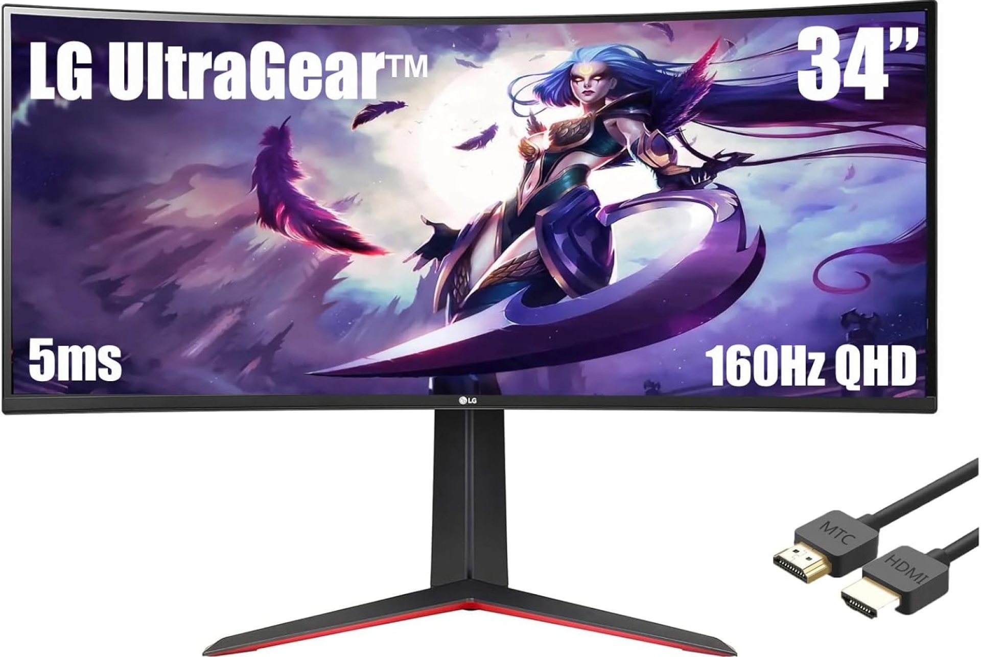 LG Ultragear QHD 34″ Curved Gaming Monitor, 21:9 (3440×1440) VA with HDR 10 Compatibility, 160HZ, 5ms, AMD FreeSync Premium, Black, with MTC HDMI Cable LG Ultragear QHD 34″ Curved Gaming Monitor, 21:9 (3440×1440) VA with HDR 10 Compatibility, 160HZ, 5ms, AMD FreeSync Premium, Black, with MTC HDMI Cable