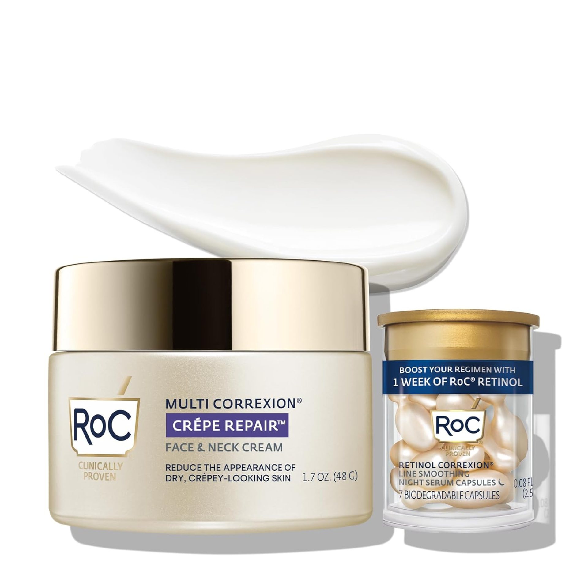 RoC Crepe Repair Anti Aging Daily Face Moisturizer & Neck Firming Cream (1.7 oz) + RoC Retinol Wrinkle Smoothing Capsules (7 CT), Skin Care Routine for Women and Men RoC Crepe Repair Anti Aging Daily Face Moisturizer & Neck Firming Cream (1.7 oz) + RoC Retinol Wrinkle Smoothing Capsules (7 CT), Skin Care Routine for Women and Men