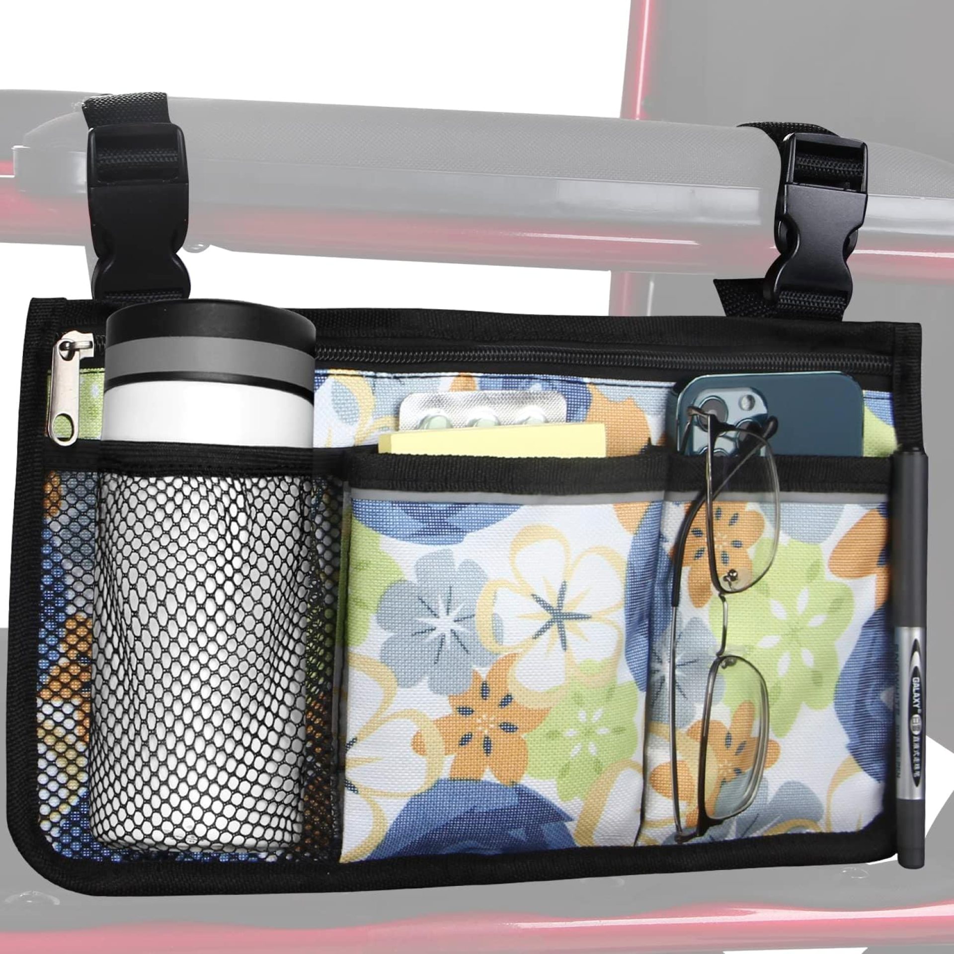 Wheelchair Side Bag, Upgrade Flower Color Wheelchair Armrest Storage Pouch with Cup Holder and Reflective Strip Made with Waterproof Fabric, for Most Wheelchairs, Walkers and Rollators (Blue Rose) Wheelchair Side Bag, Upgrade Flower Color Wheelchair Armrest Storage Pouch with Cup Holder and Reflective Strip Made with Waterproof Fabric, for Most Wheelchairs, Walkers and Rollators (Blue Rose)