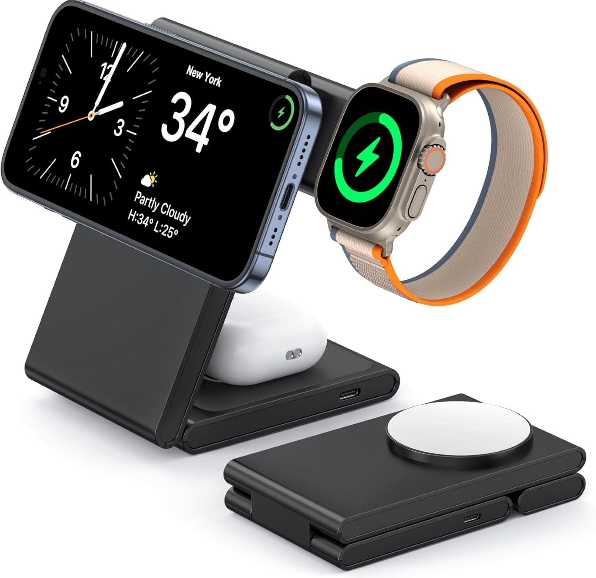3 in 1 Wireless Charging Station for Multiple Devices, Fast Foldable Travel Mag-Safe Stand for iPhone 16/15/14/13/12/Series, Magnetic Charger for Apple Watch 10/Ultra 2/AirPods 4 with 20W Adapter 3 in 1 Wireless Charging Station for Multiple Devices, Fast Foldable Travel Mag-Safe Stand for iPhone 16/15/14/13/12/Series, Magnetic Charger for Apple Watch 10/Ultra 2/AirPods 4 with 20W Adapter