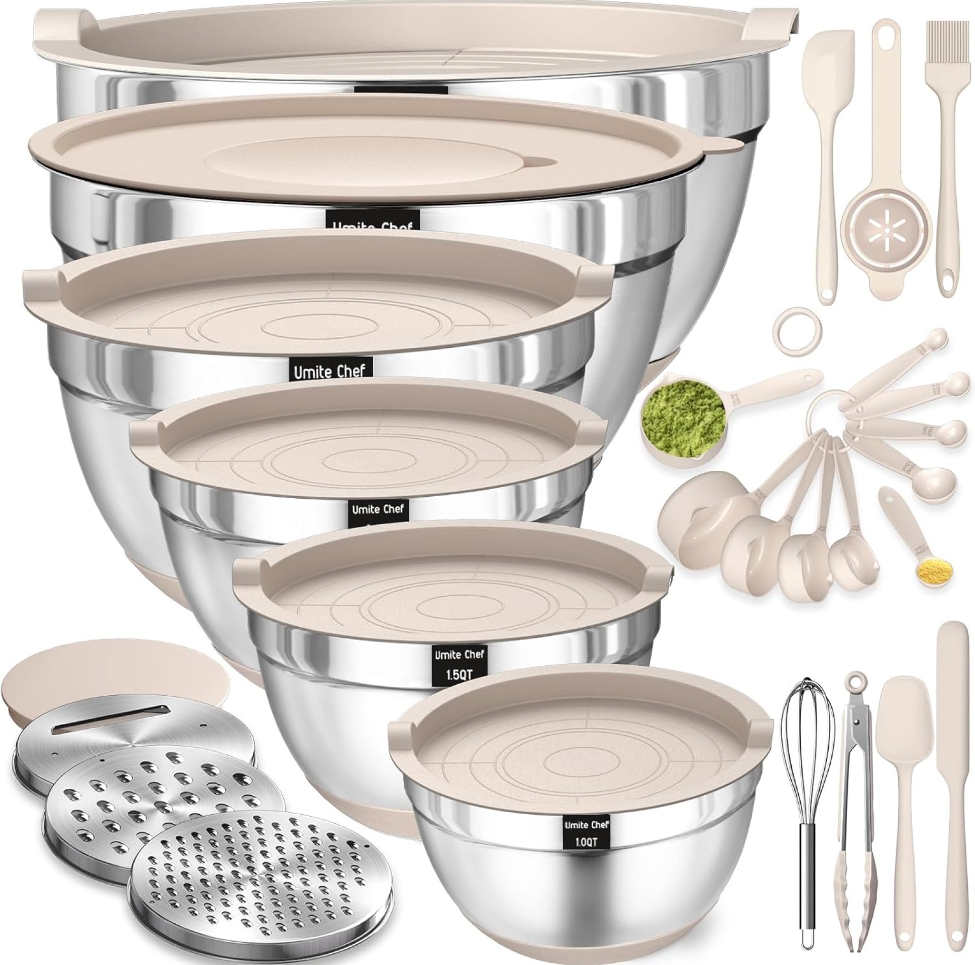 Mixing Bowls with Airtight Lids Set, 26PCS Stainless Steel Khaki Bowls with Grater Attachments, Non-Slip Bottoms & Kitchen Gadgets Set, Size 7, 4, 2.5, 2.0,1.5, 1QT, Great for Mixing & Serving Mixing Bowls with Airtight Lids Set, 26PCS Stainless Steel Khaki Bowls with Grater Attachments, Non-Slip Bottoms & Kitchen Gadgets Set, Size 7, 4, 2.5, 2.0,1.5, 1QT, Great for Mixing & Serving