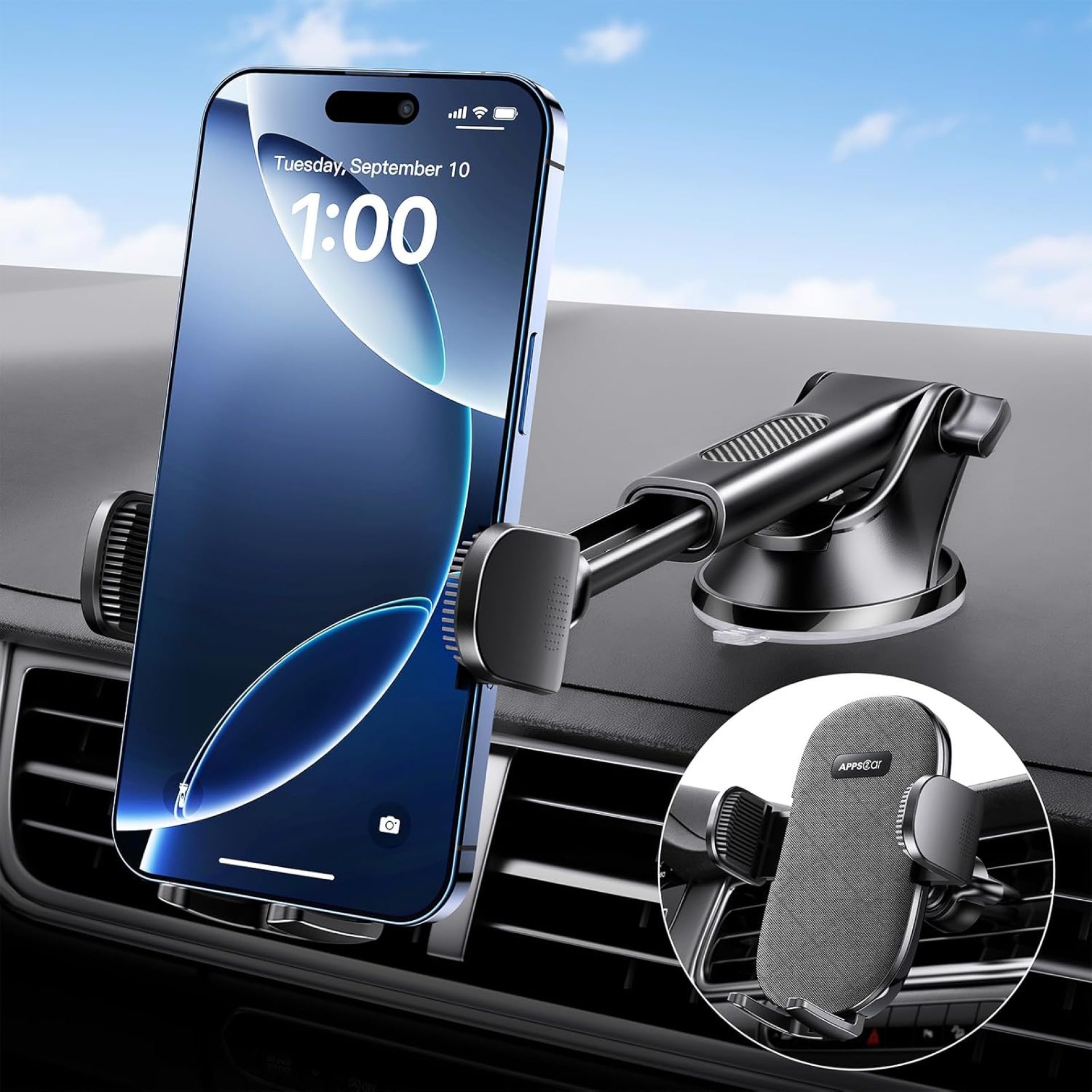 APPS2Car Suction Cup Phone Mount, Windshield/Dashboard/Air Vent Car Phone Holder Mount with Sticky Gel Pad, Compatible with iPhone, Samsung, All Cellphone, Thick Case Friendly APPS2Car Suction Cup Phone Mount, Windshield/Dashboard/Air Vent Car Phone Holder Mount with Sticky Gel Pad, Compatible with iPhone, Samsung, All Cellphone, Thick Case Friendly