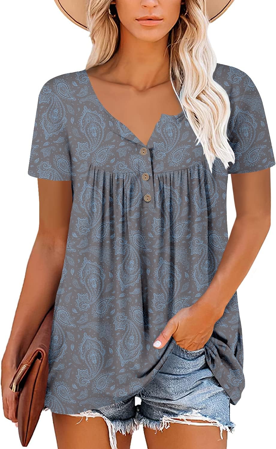 Mystry Zone Womens Henley V Neck Casual Blouse Button Down T Shirts Flare and Flowy Tops Mystry Zone Womens Henley V Neck Casual Blouse Button Down T Shirts Flare and Flowy Tops