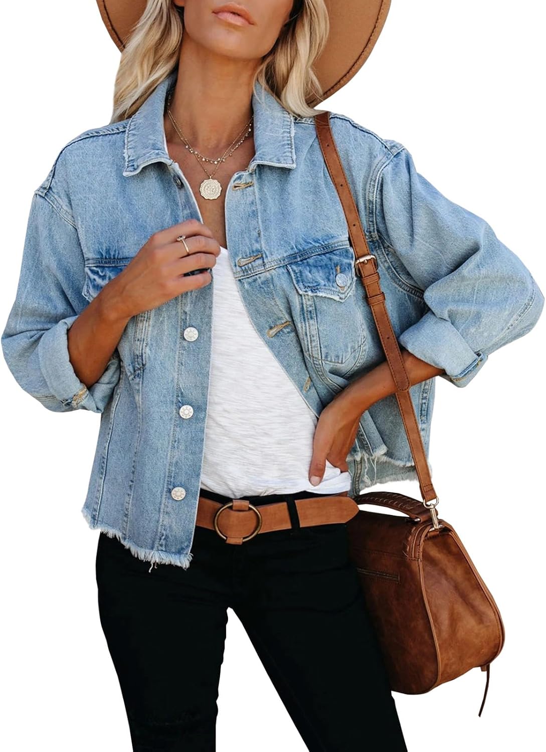 LONGBIDA Women’s Jean Jacket Frayed Washed Button Up Cropped Denim Jacket With Pockets LONGBIDA Women’s Jean Jacket Frayed Washed Button Up Cropped Denim Jacket With Pockets