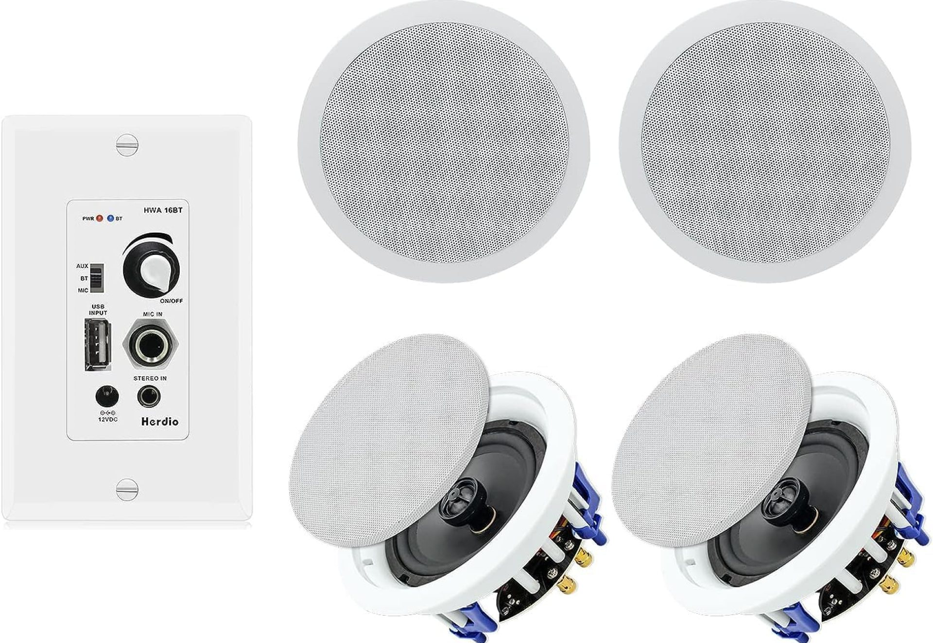 Herdio Home Audio Package in Wall Bluetooth Amplifier Volume Control Receiver Wall Plate with 6.5 Inch 640W Ceiling Speakers(2 Pairs) Herdio Home Audio Package in Wall Bluetooth Amplifier Volume Control Receiver Wall Plate with 6.5 Inch 640W Ceiling Speakers(2 Pairs)