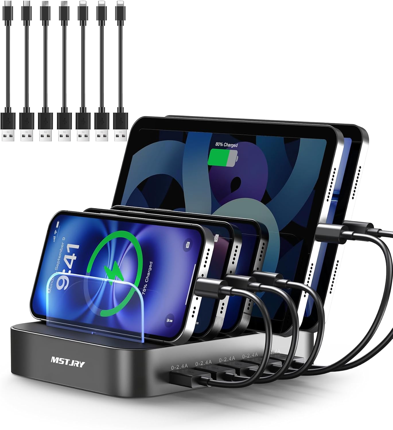 MSTJRY Charging Station for Multiple Devices : 5 Port Multi USB-A Charger Stations Multi-Device Organizer Charging Dock Designed for iPhone iPad Cell Phone Tablets (7 Short Cables Included), Gunmetal MSTJRY Charging Station for Multiple Devices : 5 Port Multi USB-A Charger Stations Multi-Device Organizer Charging Dock Designed for iPhone iPad Cell Phone Tablets (7 Short Cables Included), Gunmetal
