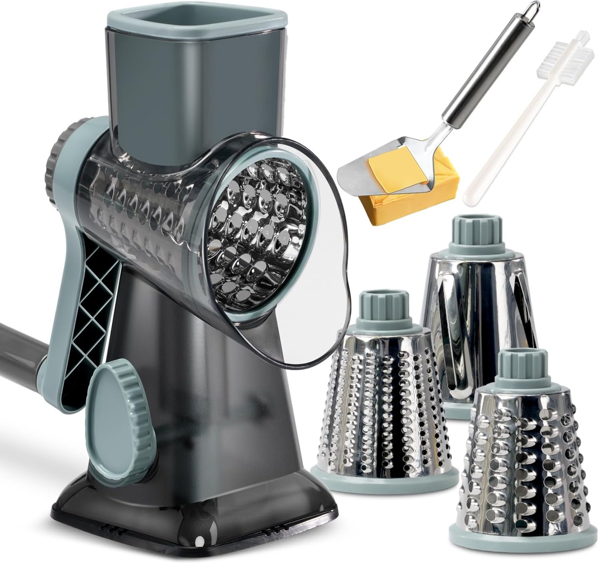 KEOUKE Rotary Cheese Grater with Handle Vegetable Cheese Shredder Slicer Grater for Kitchen 3 Changeable Blades for Cheese Potato Zucchini Nuts Chocolate – GreyBlue KEOUKE Rotary Cheese Grater with Handle Vegetable Cheese Shredder Slicer Grater for Kitchen 3 Changeable Blades for Cheese Potato Zucchini Nuts Chocolate – GreyBlue