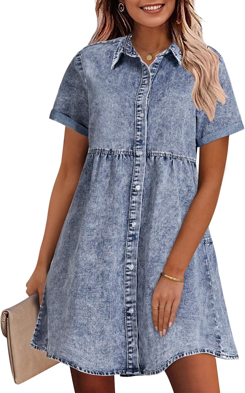 GRAPENT Denim Dress for Women Babydoll Tiered Short Sleeve Button Down Jean Shirt Dresses GRAPENT Denim Dress for Women Babydoll Tiered Short Sleeve Button Down Jean Shirt Dresses