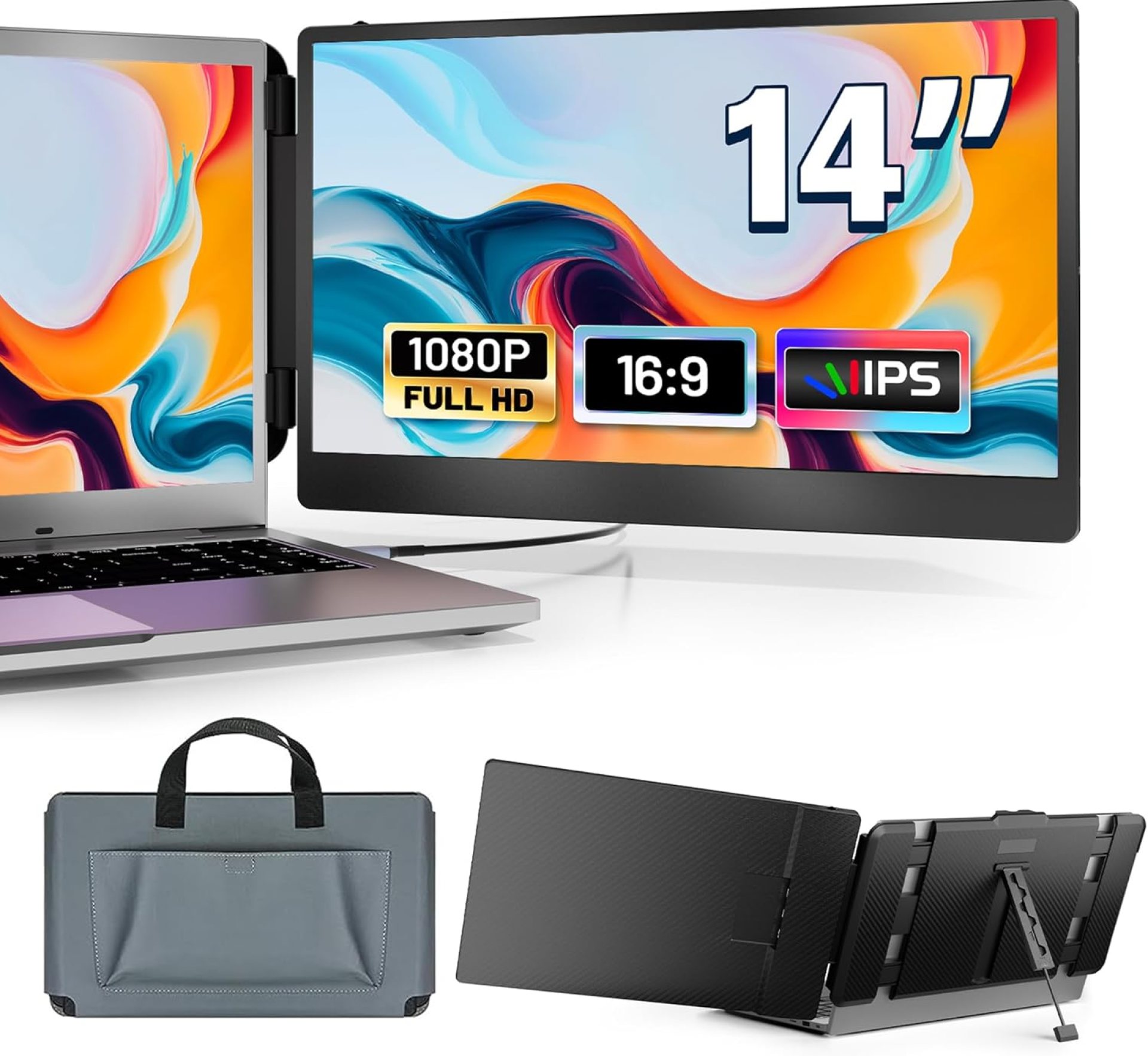 14″ Laptop Monitor Extender, FHD 1080P IPS Dual Laptop Screen Extender, HDMI/USB-A/Type-C Plug and Play for Windows, Mac, Chrome, Android, Xbox, Switch, PS5, Work with 13.3”-17” Laptops 14″ Laptop Monitor Extender, FHD 1080P IPS Dual Laptop Screen Extender, HDMI/USB-A/Type-C Plug and Play for Windows, Mac, Chrome, Android, Xbox, Switch, PS5, Work with 13.3”-17” Laptops
