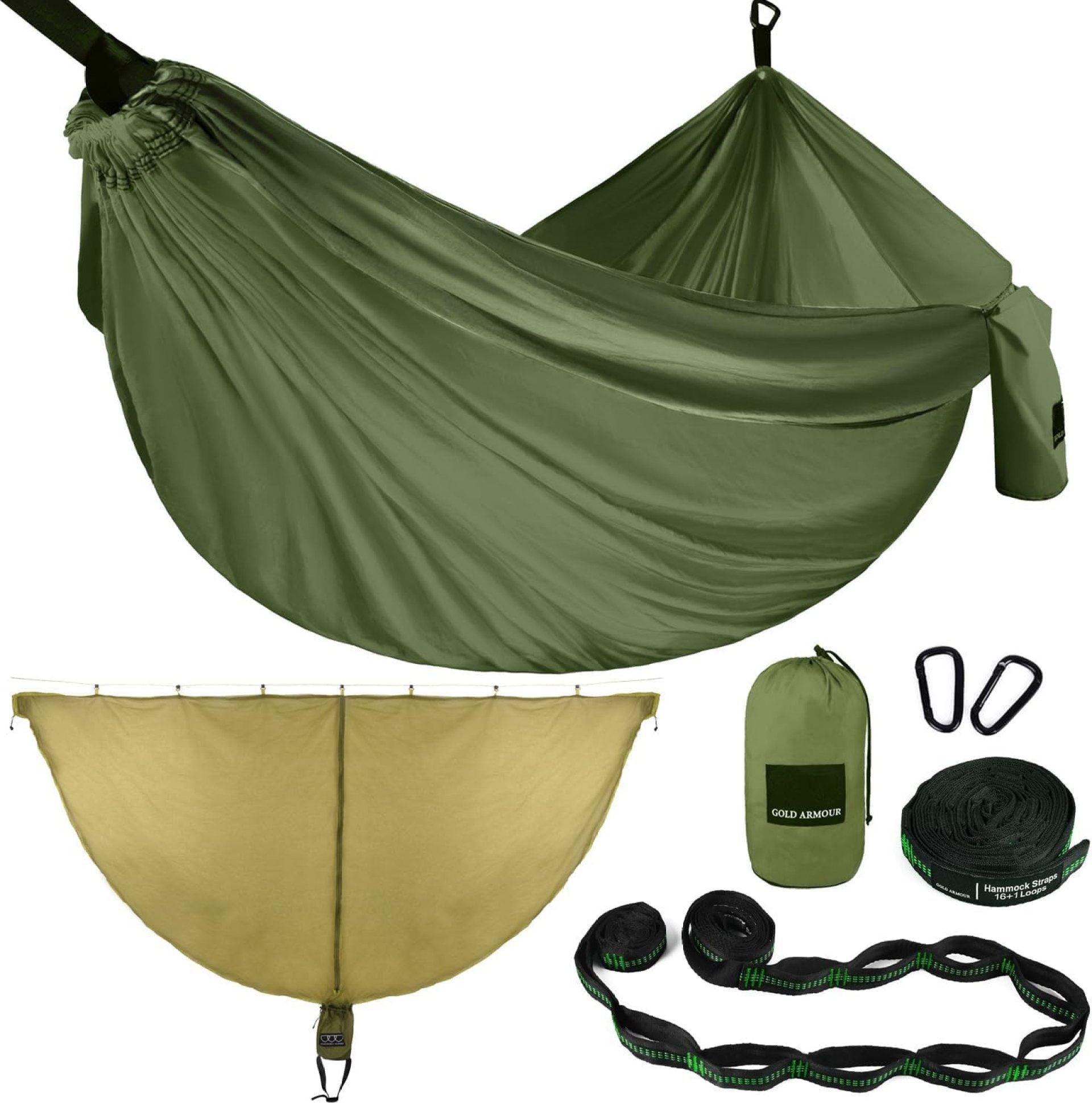 Gold Armour Camping Hammock with Bug Net – XL Double Hammock Portable Hammock Camping Accessories Gear Mosquito Bug Net Set for Outdoor Indoor, USA Based Brand (OD Green) Gold Armour Camping Hammock with Bug Net – XL Double Hammock Portable Hammock Camping Accessories Gear Mosquito Bug Net Set for Outdoor Indoor, USA Based Brand (OD Green)