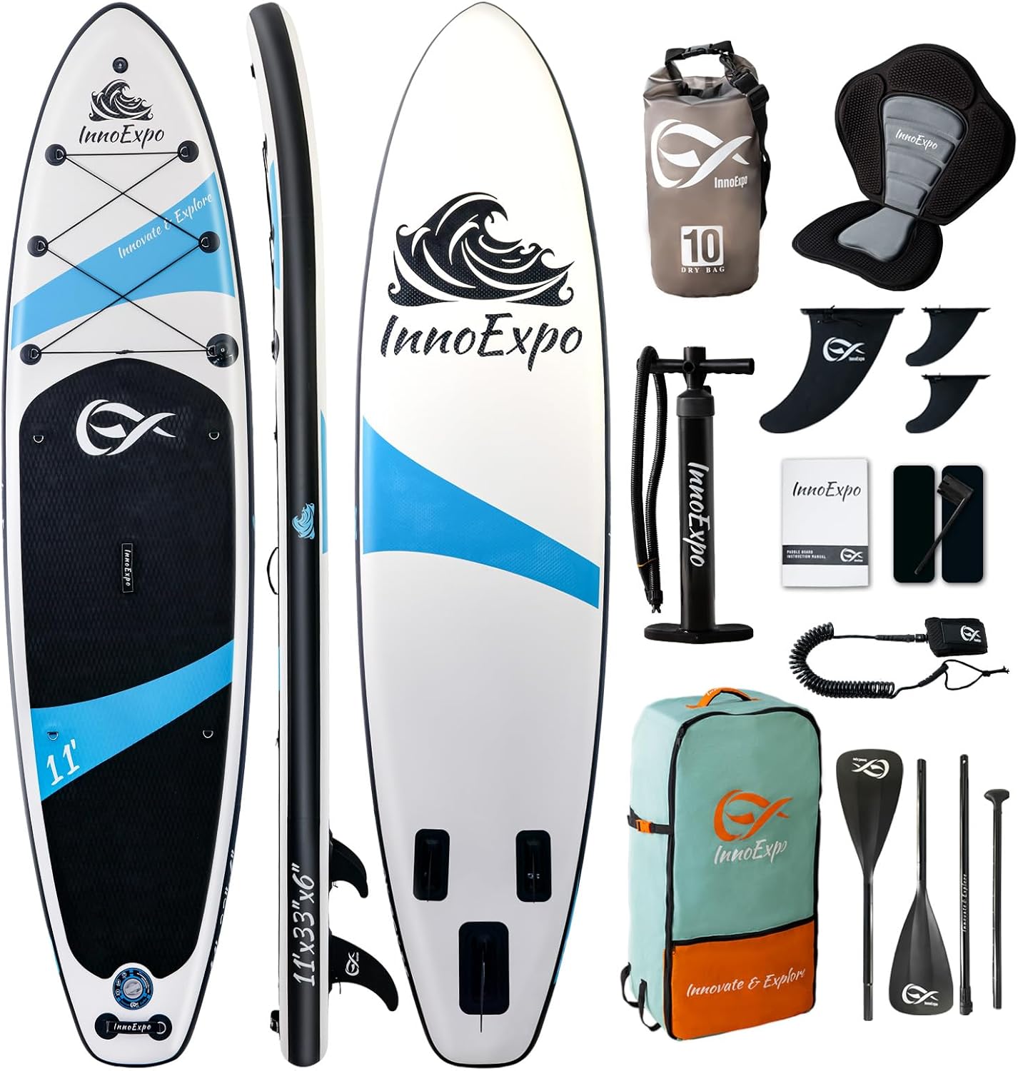 InnoExpo Inflatable Stand Up Paddle Boards with Premium Accessories, Wide Stable SUP Paddle Board Design, Non-Slip Comfort Deck for Youth & Adults InnoExpo Inflatable Stand Up Paddle Boards with Premium Accessories, Wide Stable SUP Paddle Board Design, Non-Slip Comfort Deck for Youth & Adults