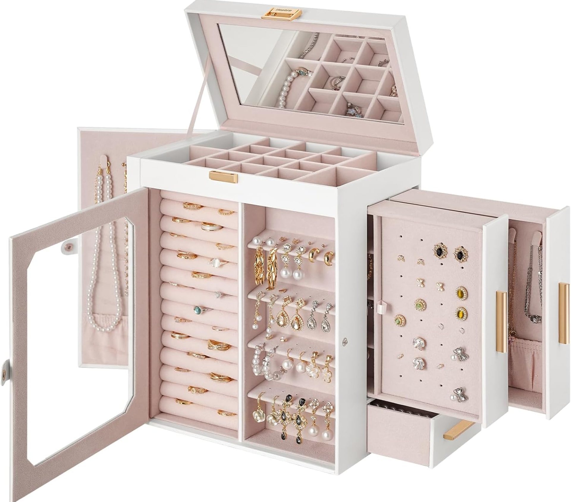 HOOBRO Jewelry Box with Mirror, Travel Jewelry Organizer with Glass Window, Vertical Storage, Christmas Gift, Gift for Loved Ones, for Earrings, Rings, Necklaces, Bracelets, White WT03JB04G2 HOOBRO Jewelry Box with Mirror, Travel Jewelry Organizer with Glass Window, Vertical Storage, Christmas Gift, Gift for Loved Ones, for Earrings, Rings, Necklaces, Bracelets, White WT03JB04G2