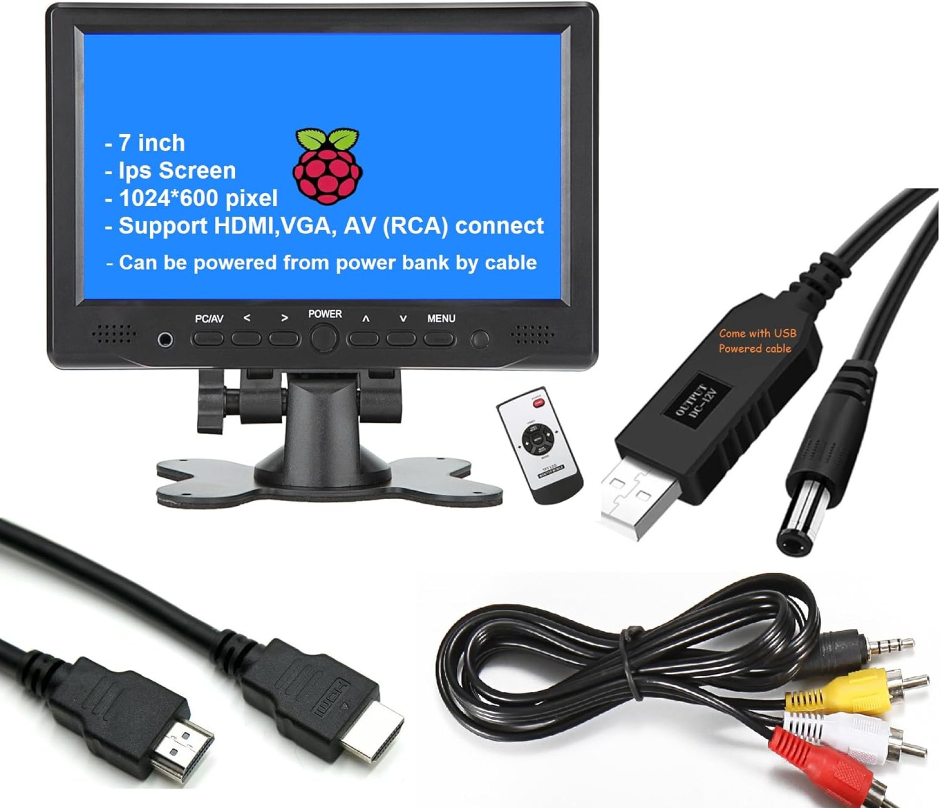 7 inch Small HDMI VGA AV RCA Monitor 1080P Second Screen for PC /Security System /Game Console; IPS 1024X600 Pixels; 60HZ; Built in Loud Speakers & Earphone Jack; 12V USB Power Cable for Portable Use 7 inch Small HDMI VGA AV RCA Monitor 1080P Second Screen for PC /Security System /Game Console; IPS 1024X600 Pixels; 60HZ; Built in Loud Speakers & Earphone Jack; 12V USB Power Cable for Portable Use