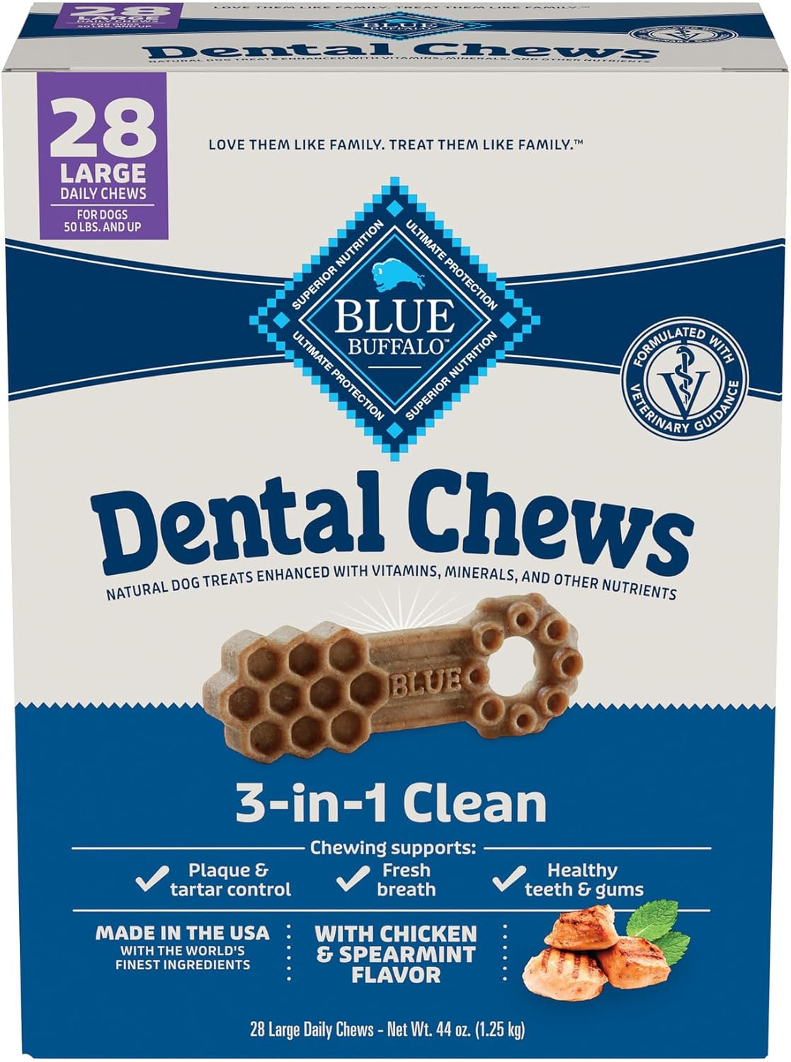 Blue Buffalo Large Dental Chews for Dogs, Daily Dental Care Dog Treats Made in The USA with Natural Ingredients, Chicken & Spearmint (44-oz Box, 28 Count) Blue Buffalo Large Dental Chews for Dogs, Daily Dental Care Dog Treats Made in The USA with Natural Ingredients, Chicken & Spearmint (44-oz Box, 28 Count)