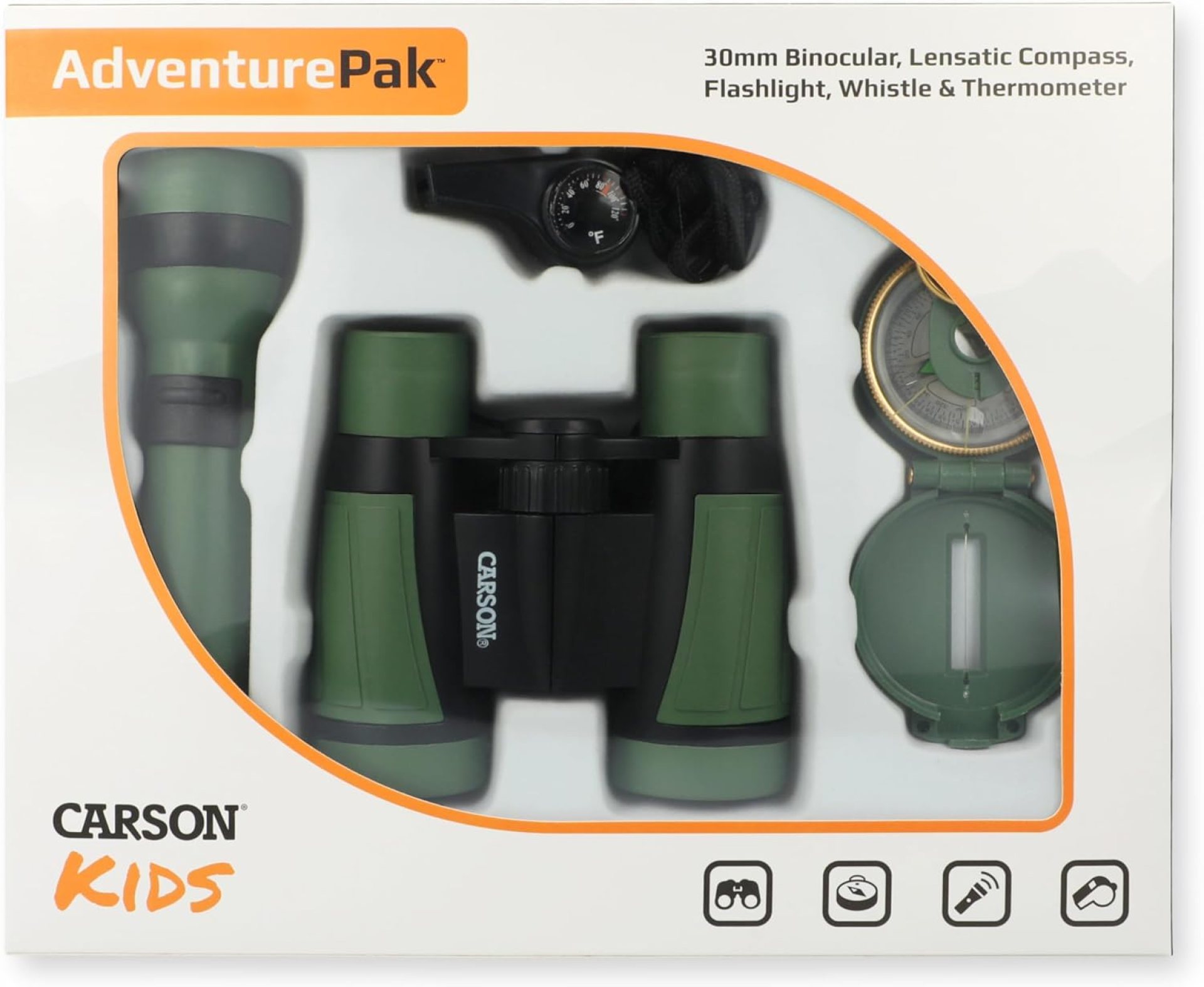 Carson AdventurePak Containing 30mm Kids Field Binoculars, Lensatic Compass, Flashlight and Signal Whistle with a Built-in Thermometer (HU-401), Multicolor Carson AdventurePak Containing 30mm Kids Field Binoculars, Lensatic Compass, Flashlight and Signal Whistle with a Built-in Thermometer (HU-401), Multicolor