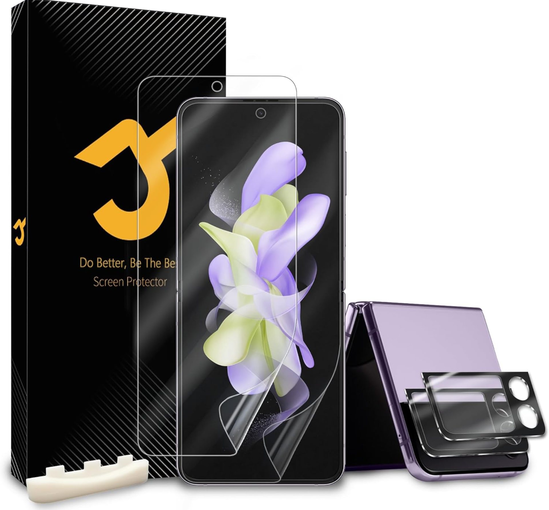 JZG 2+2pcs for Samsung Galaxy Z Flip 4 Screen Protector, 2 Inner Soft Film with 2 Tempered Glass Camera Lens Protector, Self-Healing, No Edge lifting, Bubble-Free, Easy Install, Compatible with Cases JZG 2+2pcs for Samsung Galaxy Z Flip 4 Screen Protector, 2 Inner Soft Film with 2 Tempered Glass Camera Lens Protector, Self-Healing, No Edge lifting, Bubble-Free, Easy Install, Compatible with Cases