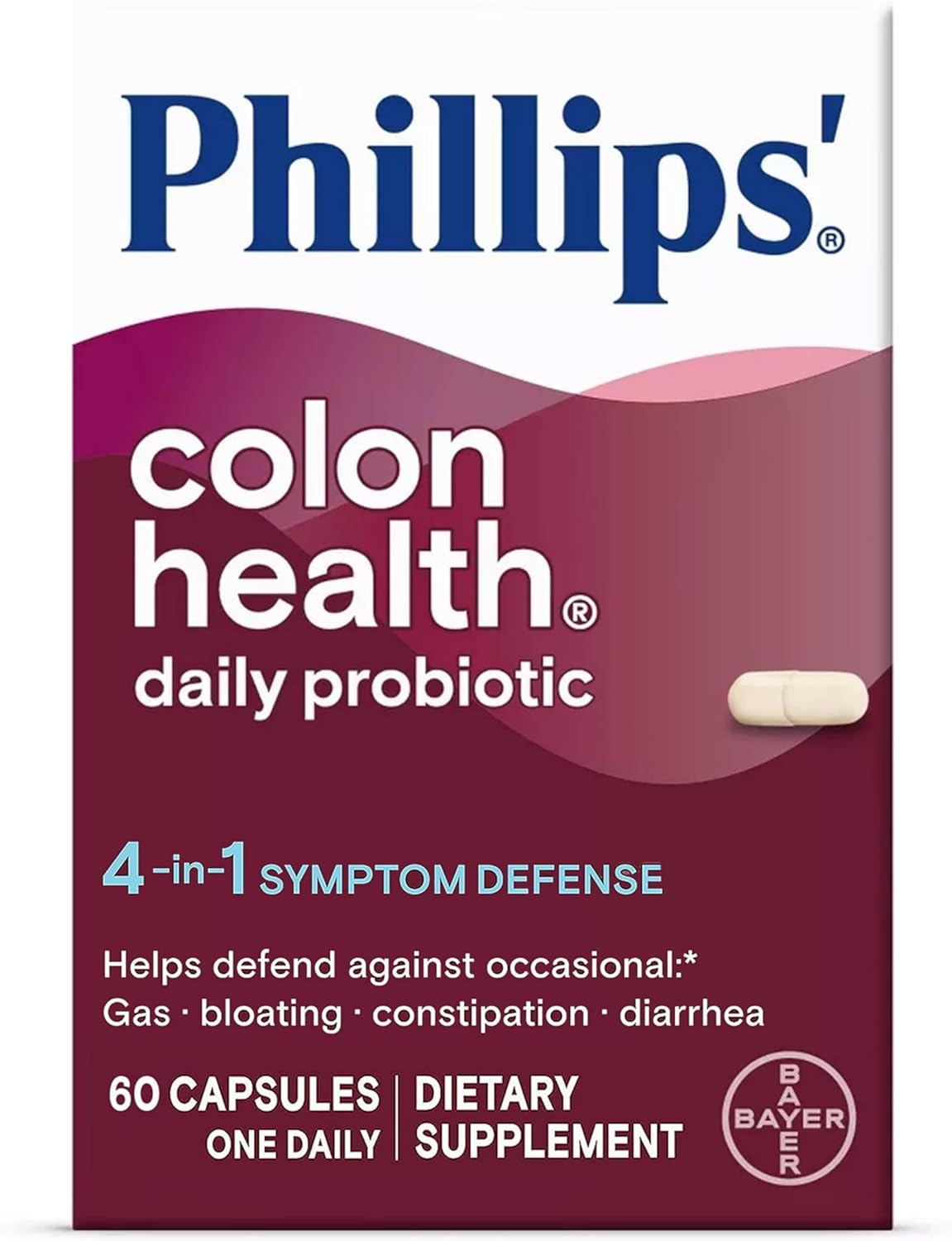 Phillips’ Colon Health Daily Probiotic Capsules, 4-in-1 Symptom Defense to help defend against Occasional Gas, Bloating, Constipation, and Diarrhea, Daily Supplement, 60 Count Phillips’ Colon Health Daily Probiotic Capsules, 4-in-1 Symptom Defense to help defend against Occasional Gas, Bloating, Constipation, and Diarrhea, Daily Supplement, 60 Count