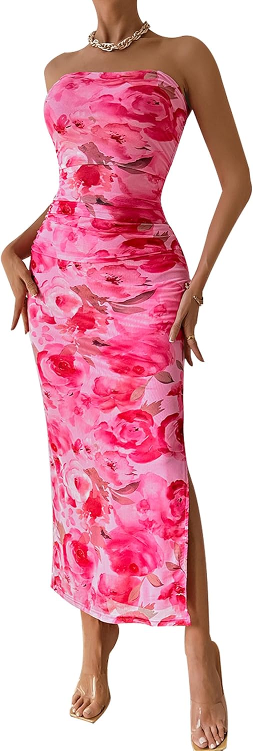 PRETTYGARDEN Women’s Summer Maxi Bodycon Dresses Strapless Tube Top Printed Long Party Club Slit Dress PRETTYGARDEN Women’s Summer Maxi Bodycon Dresses Strapless Tube Top Printed Long Party Club Slit Dress
