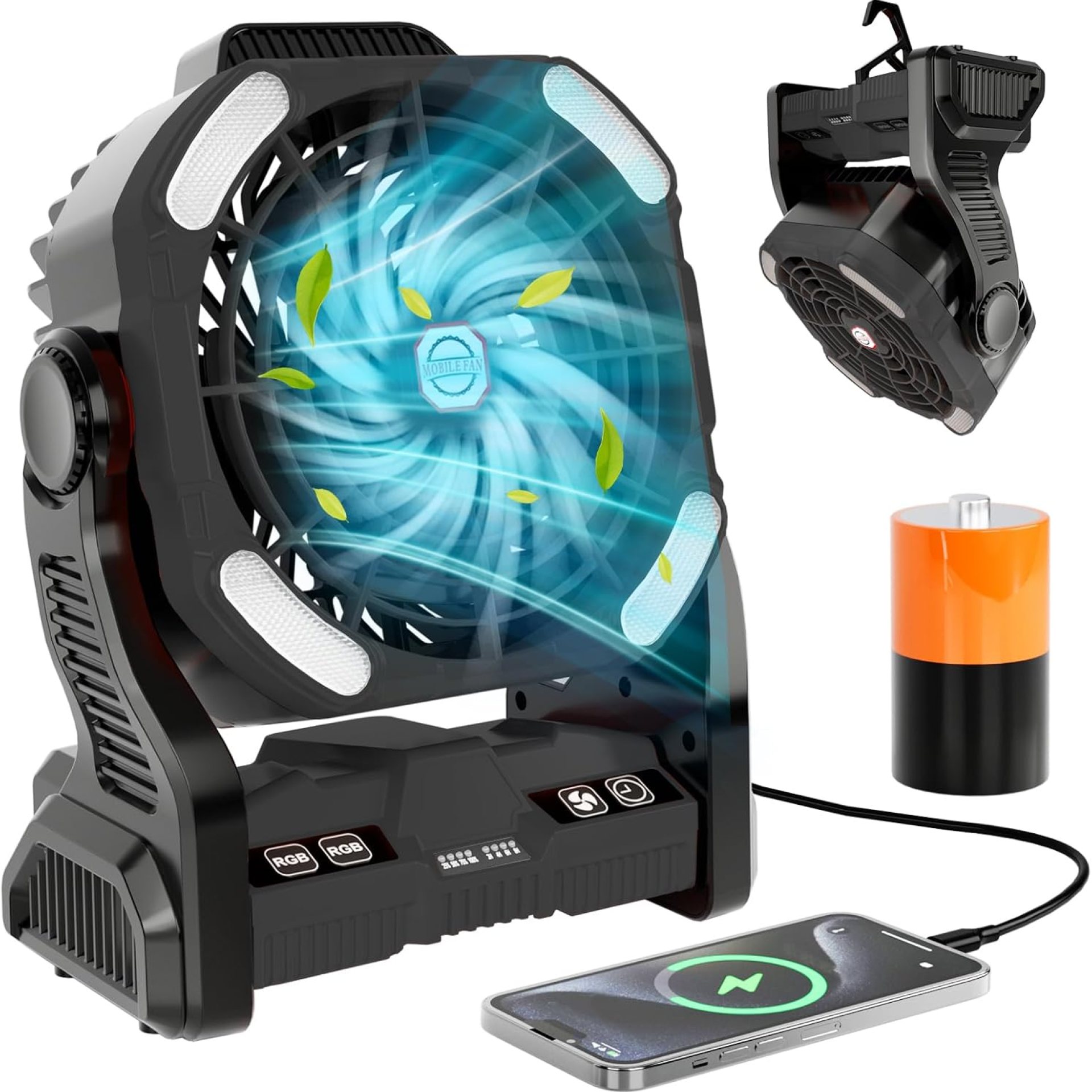 Portable Camping Fan with 20000mAh Rechargeable Battery, 4-Speed Quiet Cooling Blower with LED Lantern, 4 Timing, Hanging Hook for Outdoor Picnic Tent Beach Fishing Indoor Bedroom Office Black Portable Camping Fan with 20000mAh Rechargeable Battery, 4-Speed Quiet Cooling Blower with LED Lantern, 4 Timing, Hanging Hook for Outdoor Picnic Tent Beach Fishing Indoor Bedroom Office Black