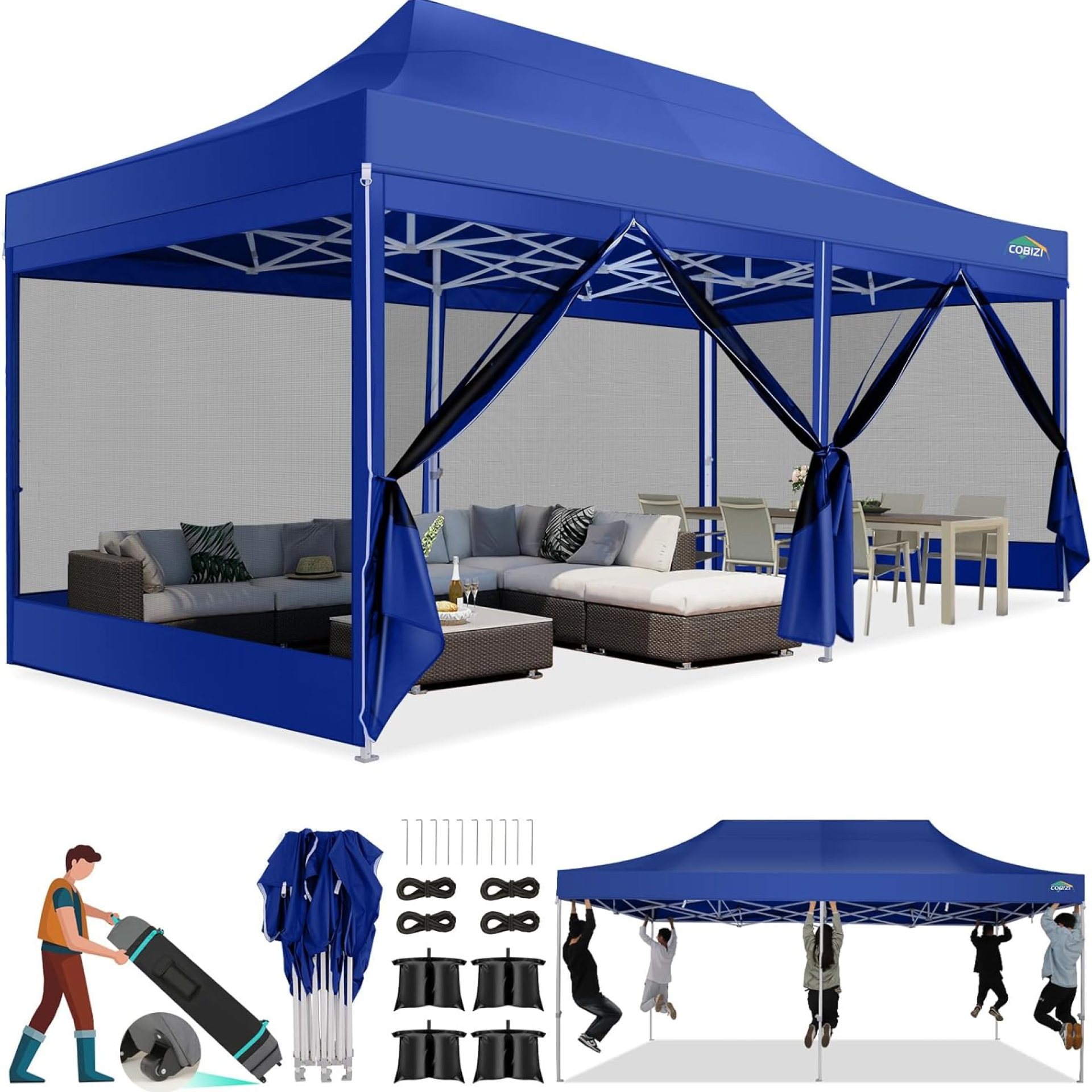 COBIZI 10×20 Canopy Tent, Heavy Duty Pop up Canopy with Sidewalls, Waterproof Easy Setup Canopy with Mosquito Netting, Outdoor Instant Screen Tents for Parties, Wedding with Roller Bag, Dark Blue COBIZI 10×20 Canopy Tent, Heavy Duty Pop up Canopy with Sidewalls, Waterproof Easy Setup Canopy with Mosquito Netting, Outdoor Instant Screen Tents for Parties, Wedding with Roller Bag, Dark Blue
