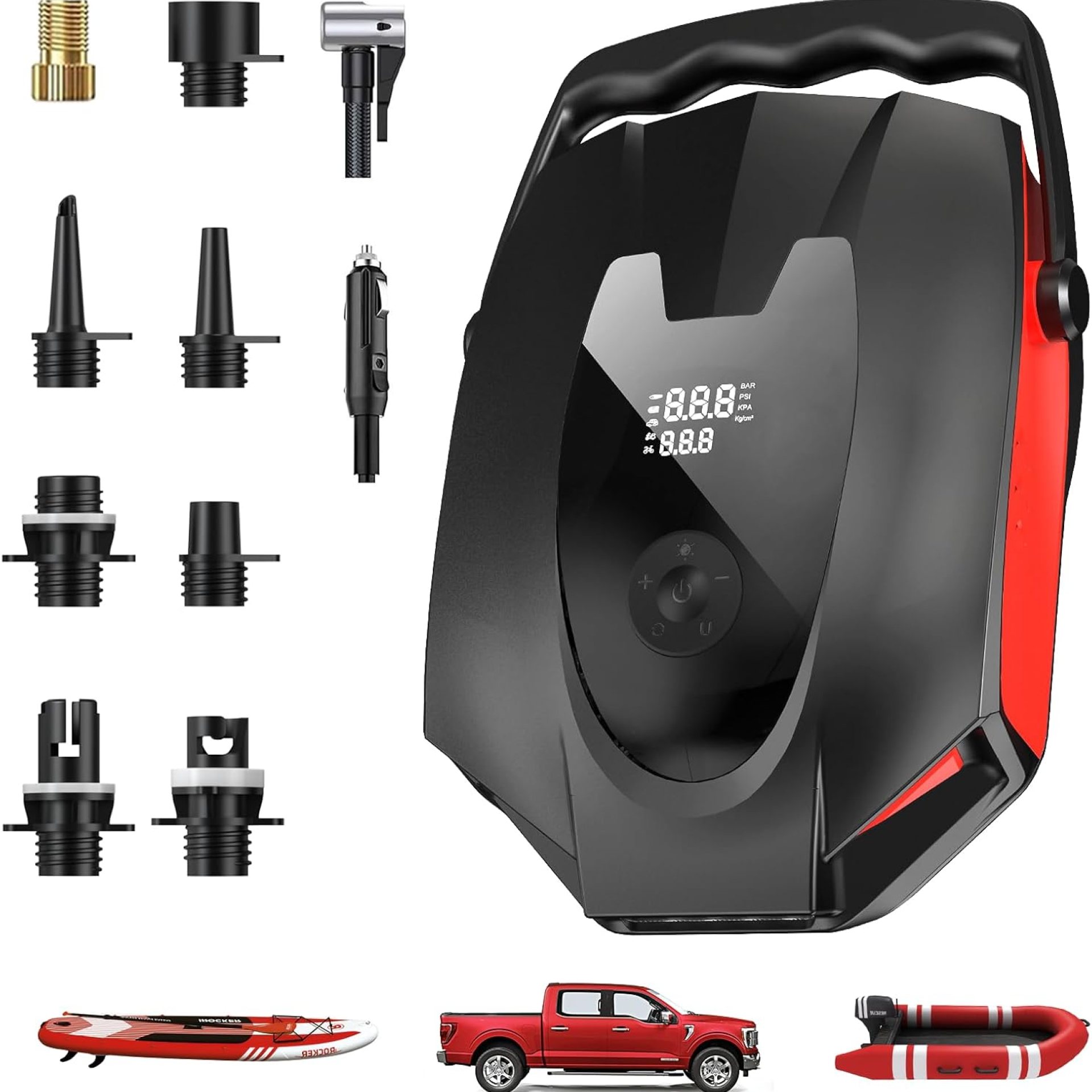 50PSI Paddle Board Pump, Portable Electric SUP Pump with Auto-Shutoff & Cooling Fan – Smart Inflation for Paddle Board/Kayak/Tent/Tyre, 9 Nozzles, HD LCD Display, 12V DC & 2-Year Warranty 50PSI Paddle Board Pump, Portable Electric SUP Pump with Auto-Shutoff & Cooling Fan – Smart Inflation for Paddle Board/Kayak/Tent/Tyre, 9 Nozzles, HD LCD Display, 12V DC & 2-Year Warranty